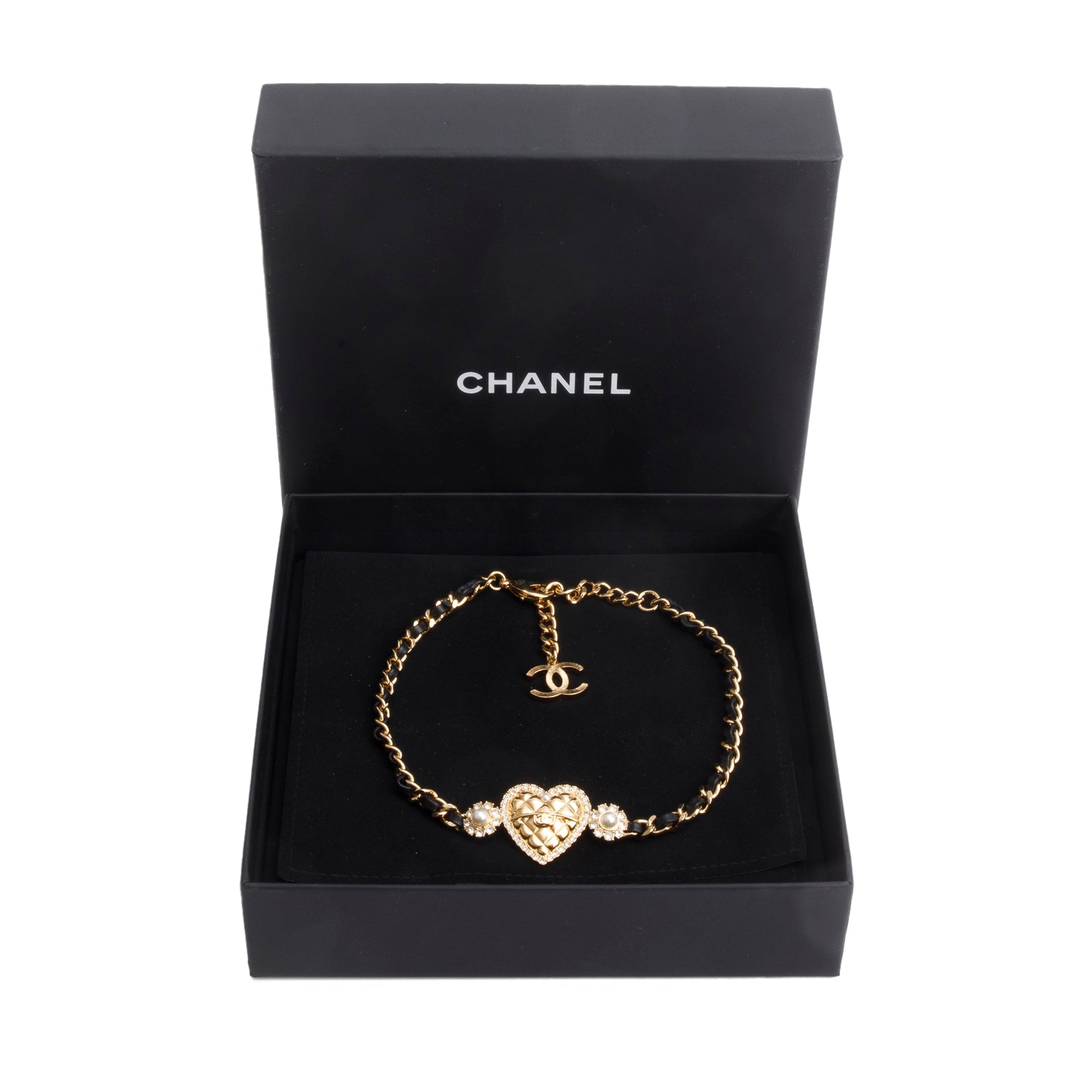 Chanel 2024 Gold Plated Leather Faux Pearl Strass CC Heart Choker Necklace w/ Box