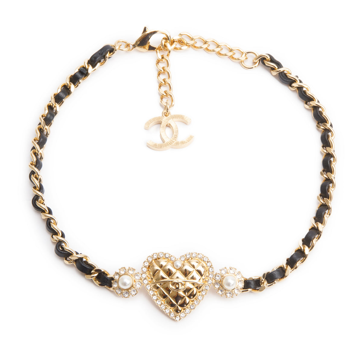 トリートメント CHANEL Chanel 2024 Gold Plated Leather Faux Pearl Strass CC Heart Choker
