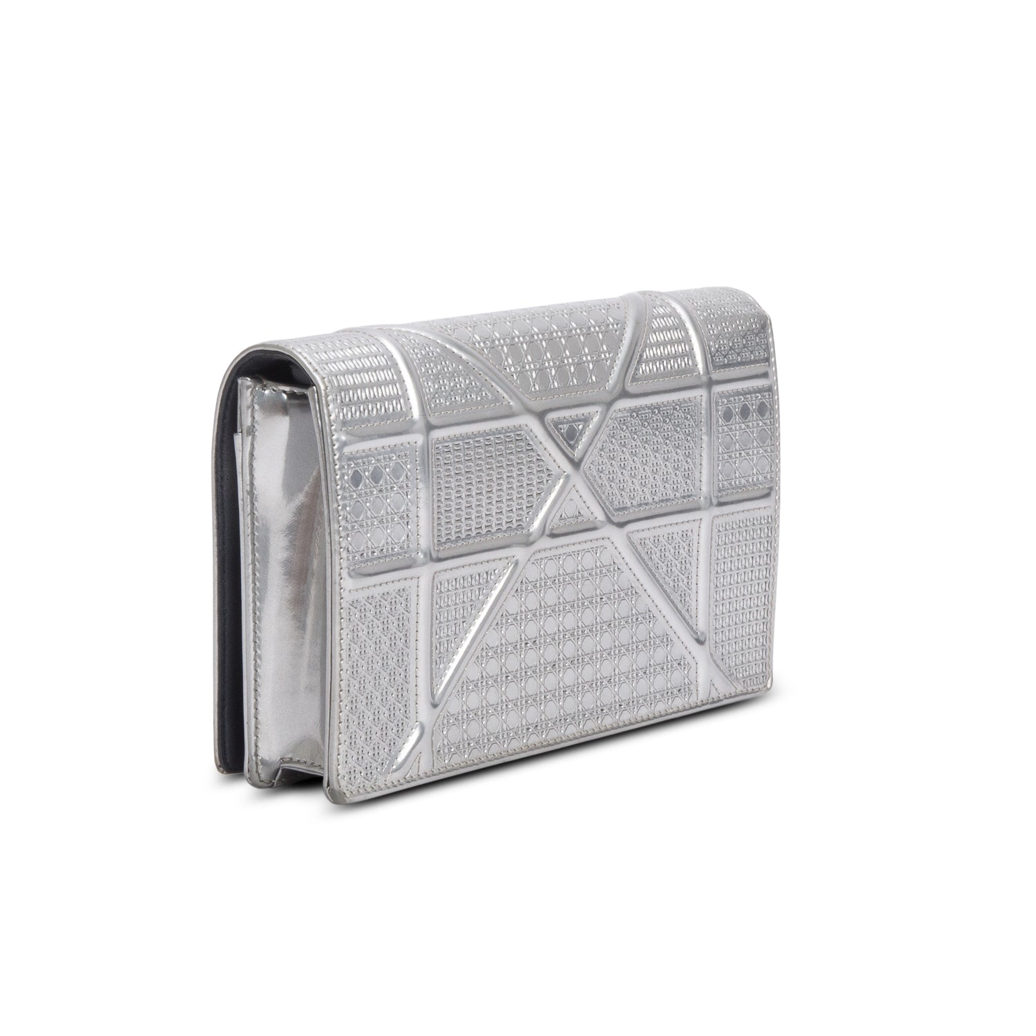 Christian Dior Silver Metallic Patent Calfskin Micro-Cannage Diorama Wallet on Chain