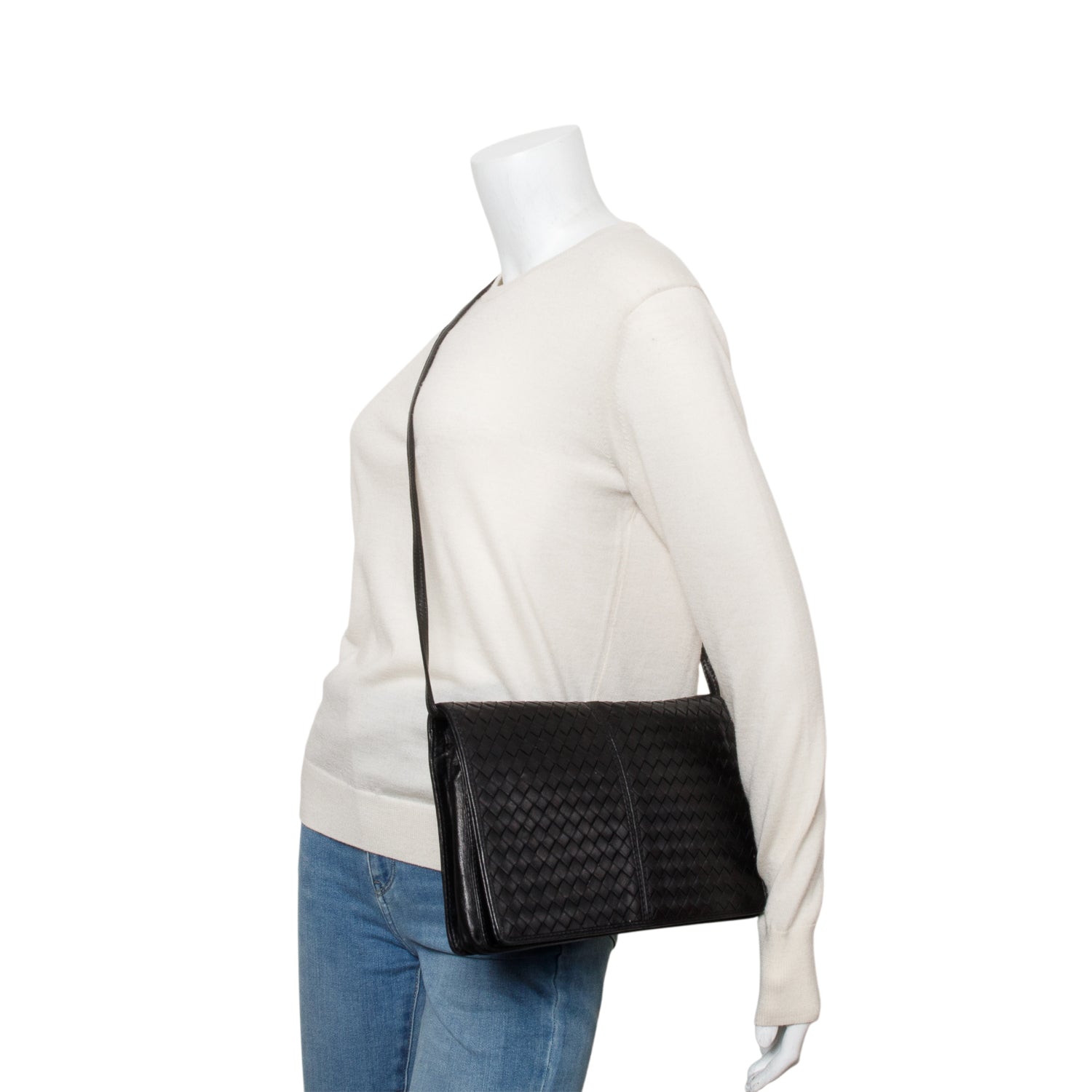 Bottega Veneta Vintage Black Intrecciato Leather Clutch w/ Strap