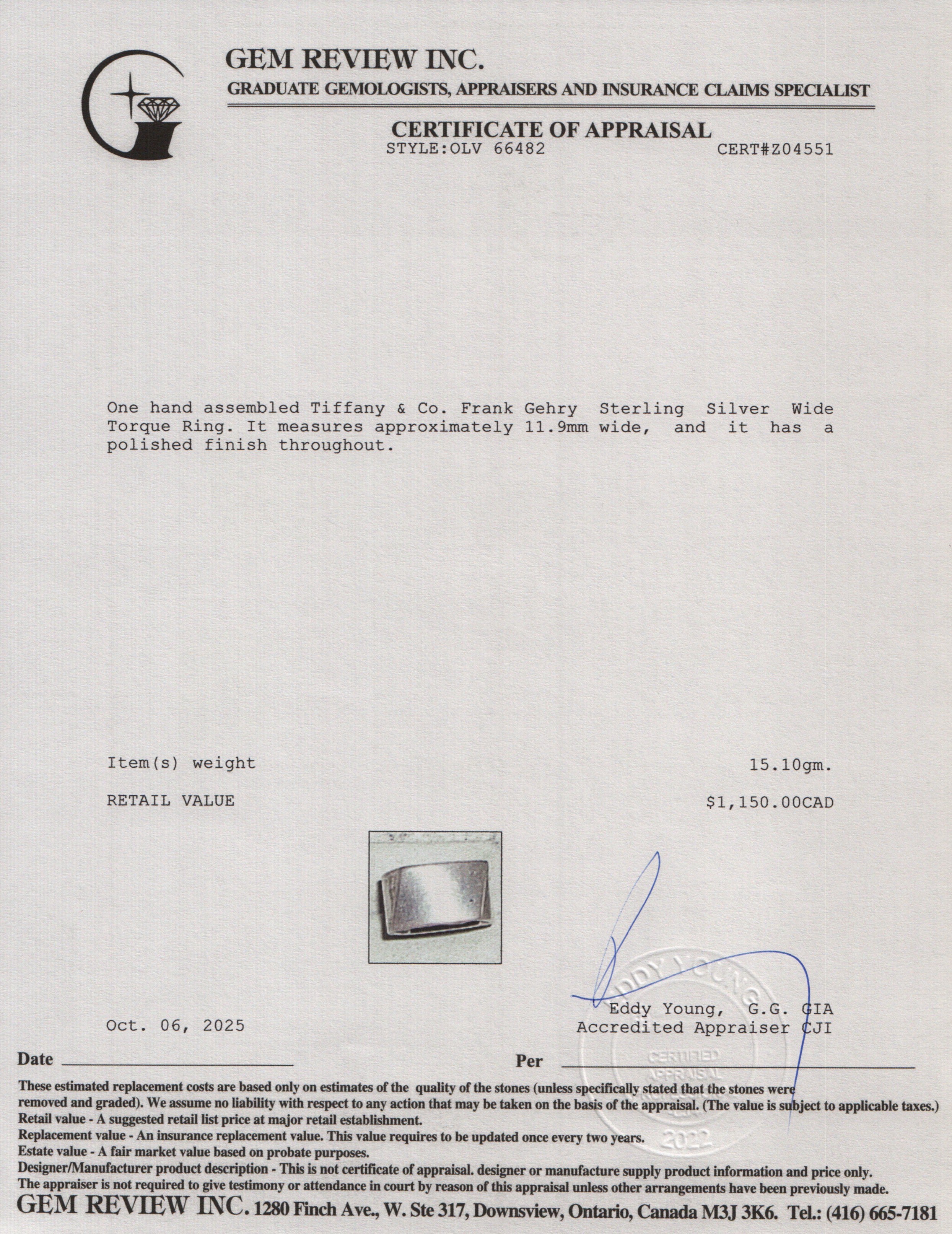 Tiffany & Co. Frank Gehry Sterling Silver Wide Torque Ring, Size 7