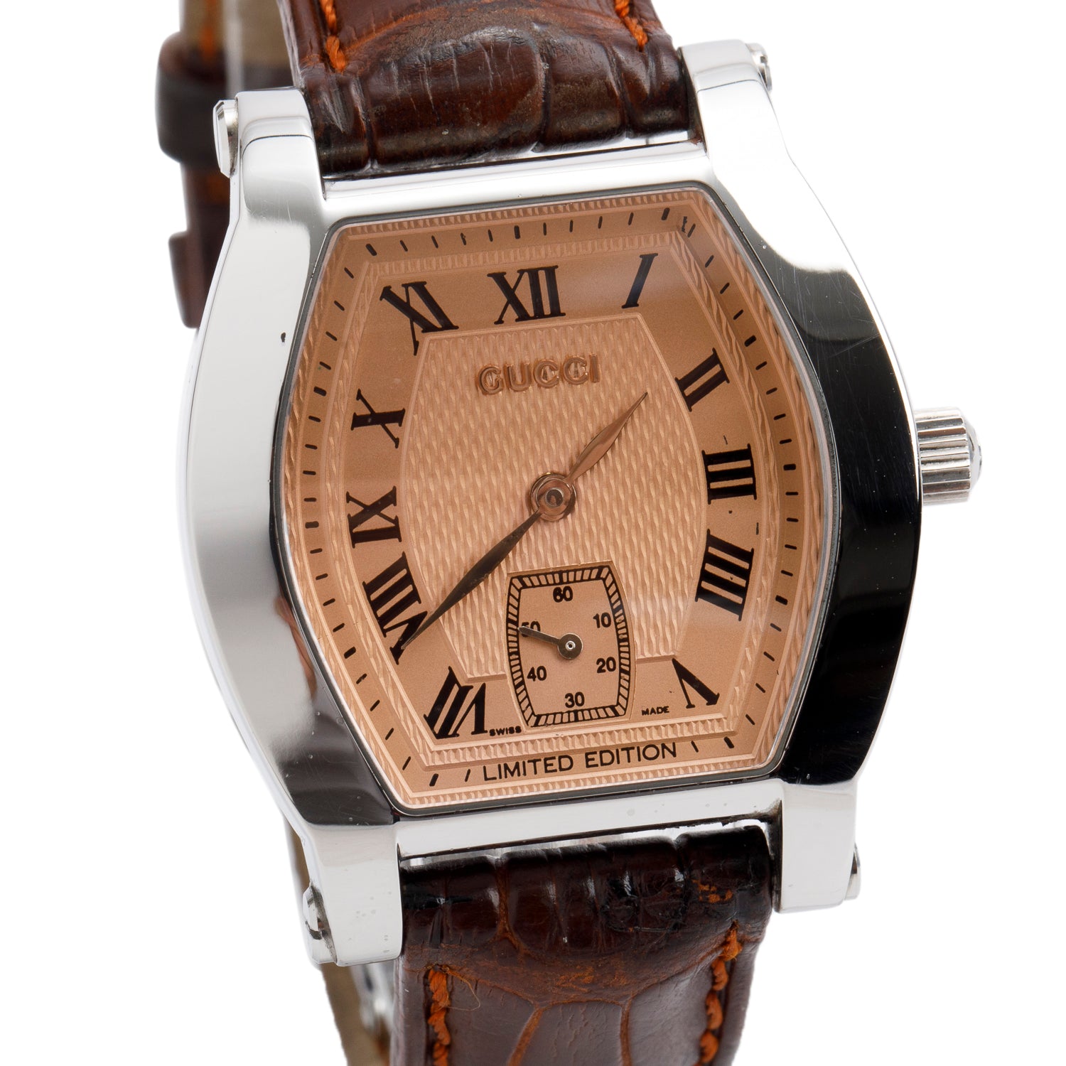Gucci Stainless Steel 7600 Series Quartz Watch Rose Gold Tone Dial