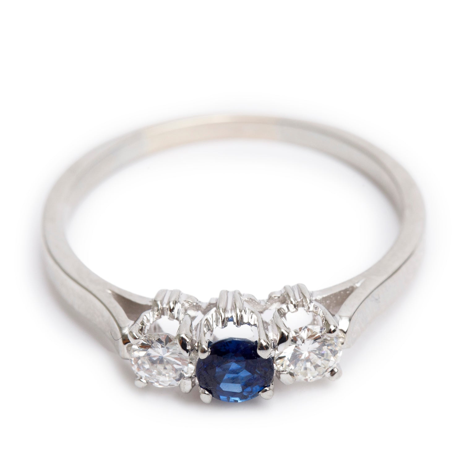 14k White Gold Sapphire & Diamond Three-Stone Ring, Size 9.5