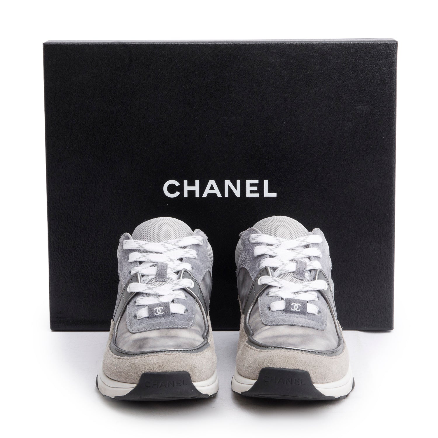 Chanel Grey Interlocking CC Logo Suede Sneakers, Size 35.5 w/ Box