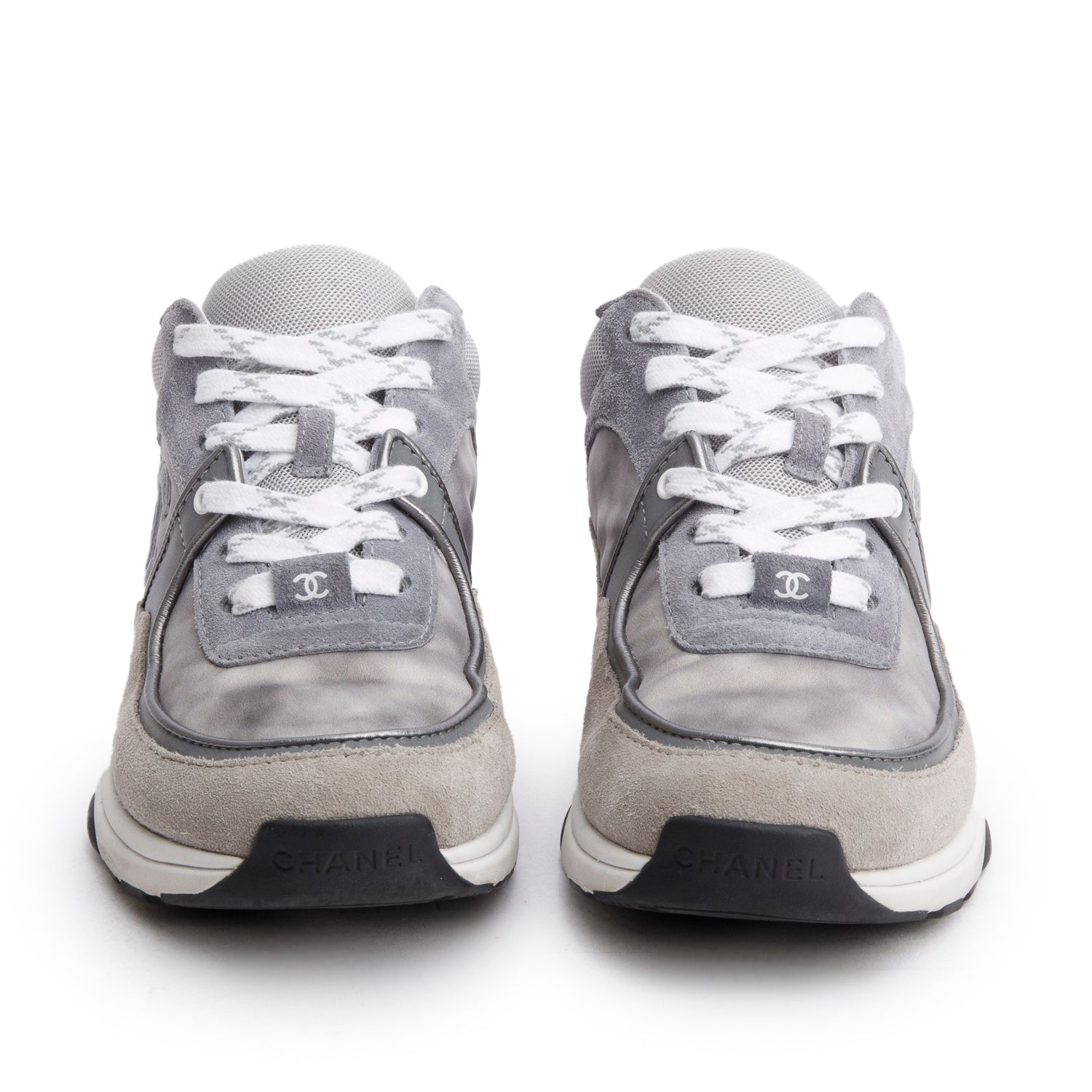 Chanel Grey Interlocking CC Logo Suede Sneakers, Size 35.5 w/ Box
