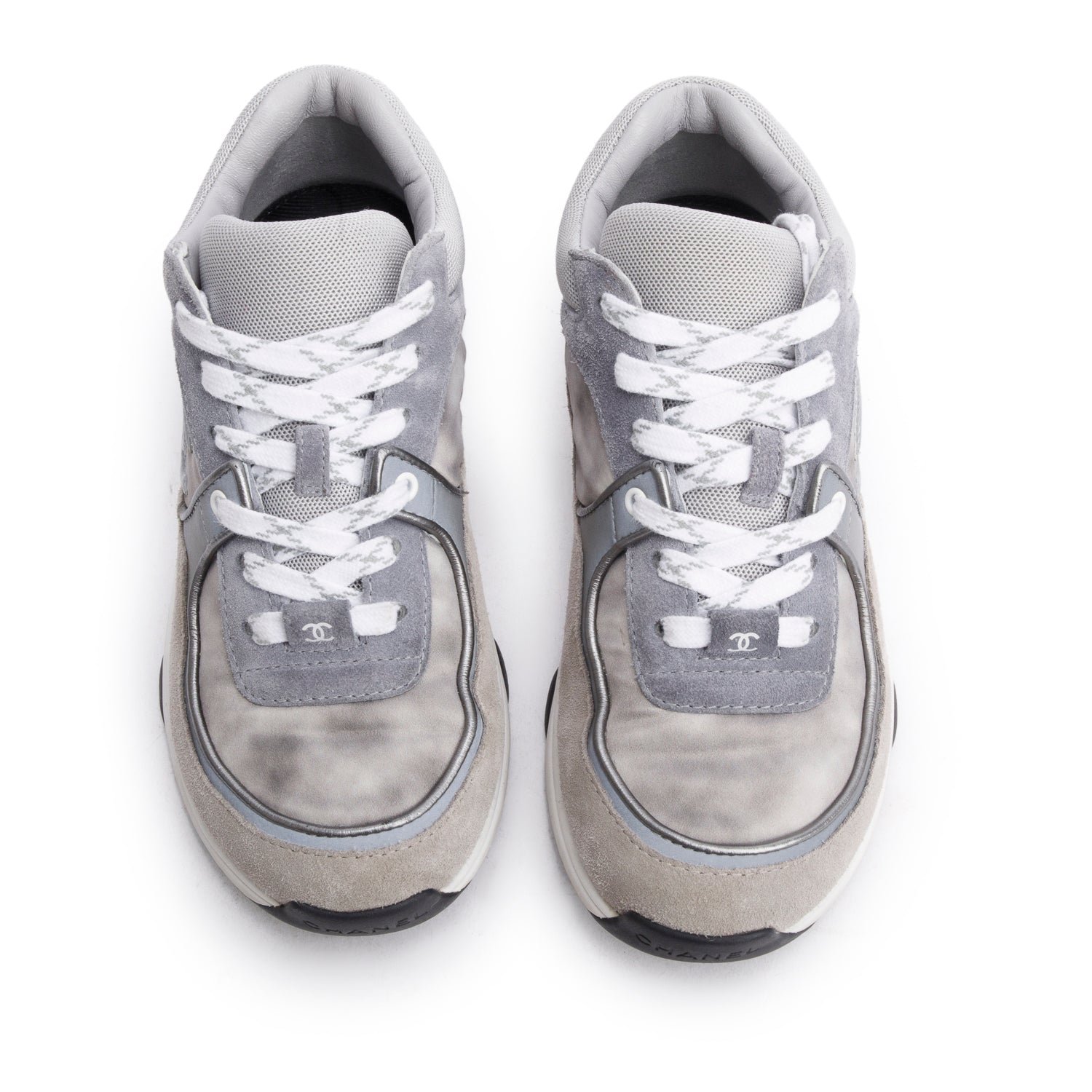 Chanel Grey Interlocking CC Logo Suede Sneakers, Size 35.5 w/ Box