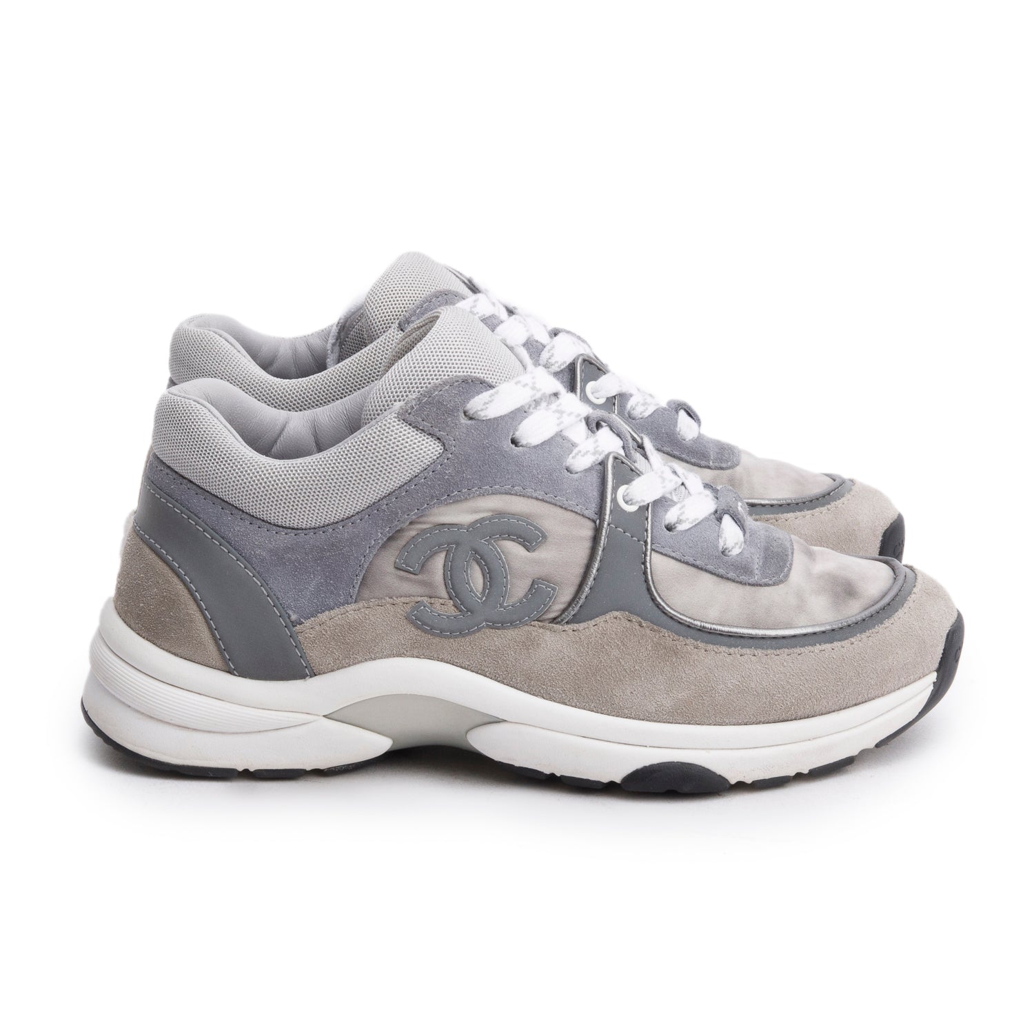 Chanel Grey Interlocking CC Logo Suede Sneakers, Size 35.5 w/ Box