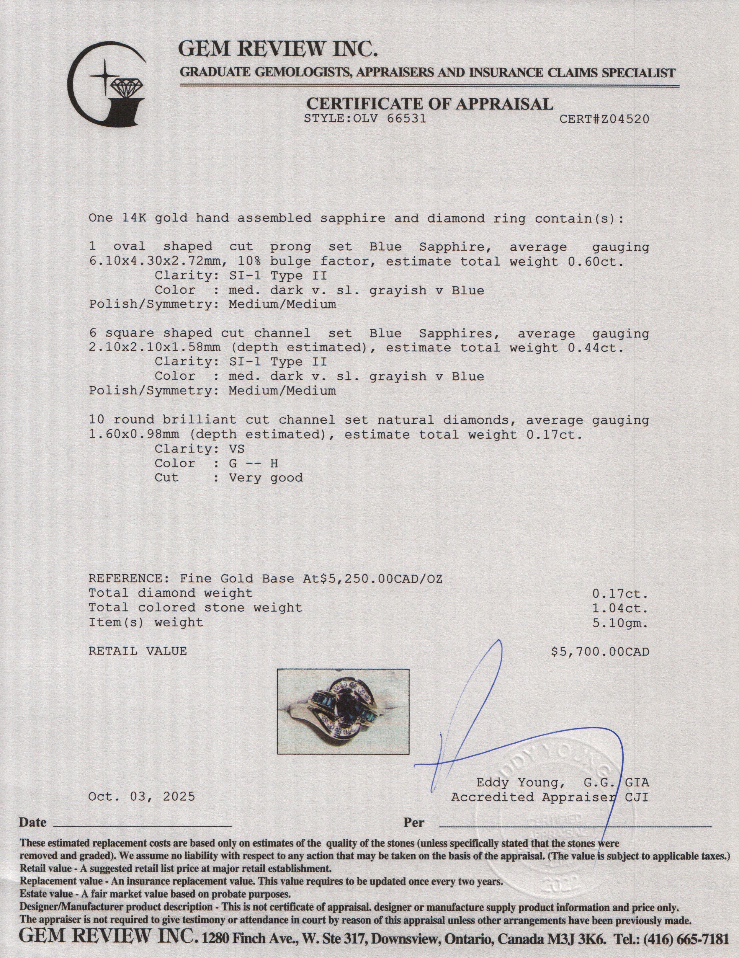 14k Yellow Gold Sapphire and Diamond Ring, Size 6.5