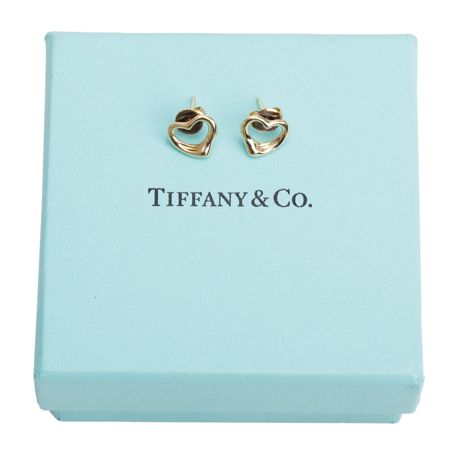 Tiffany & Co. Elsa Peretti 18k Yellow Gold Open Heart Stud Earrings, 11 MM w/ Box