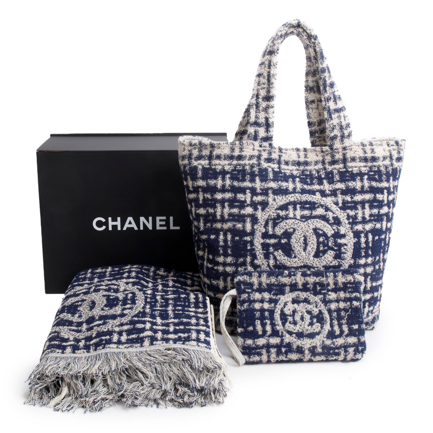 Chanel 2023 Blue Terry Cloth CC Beach Tote Set w/ Pouch, Towel, Box & Receipt