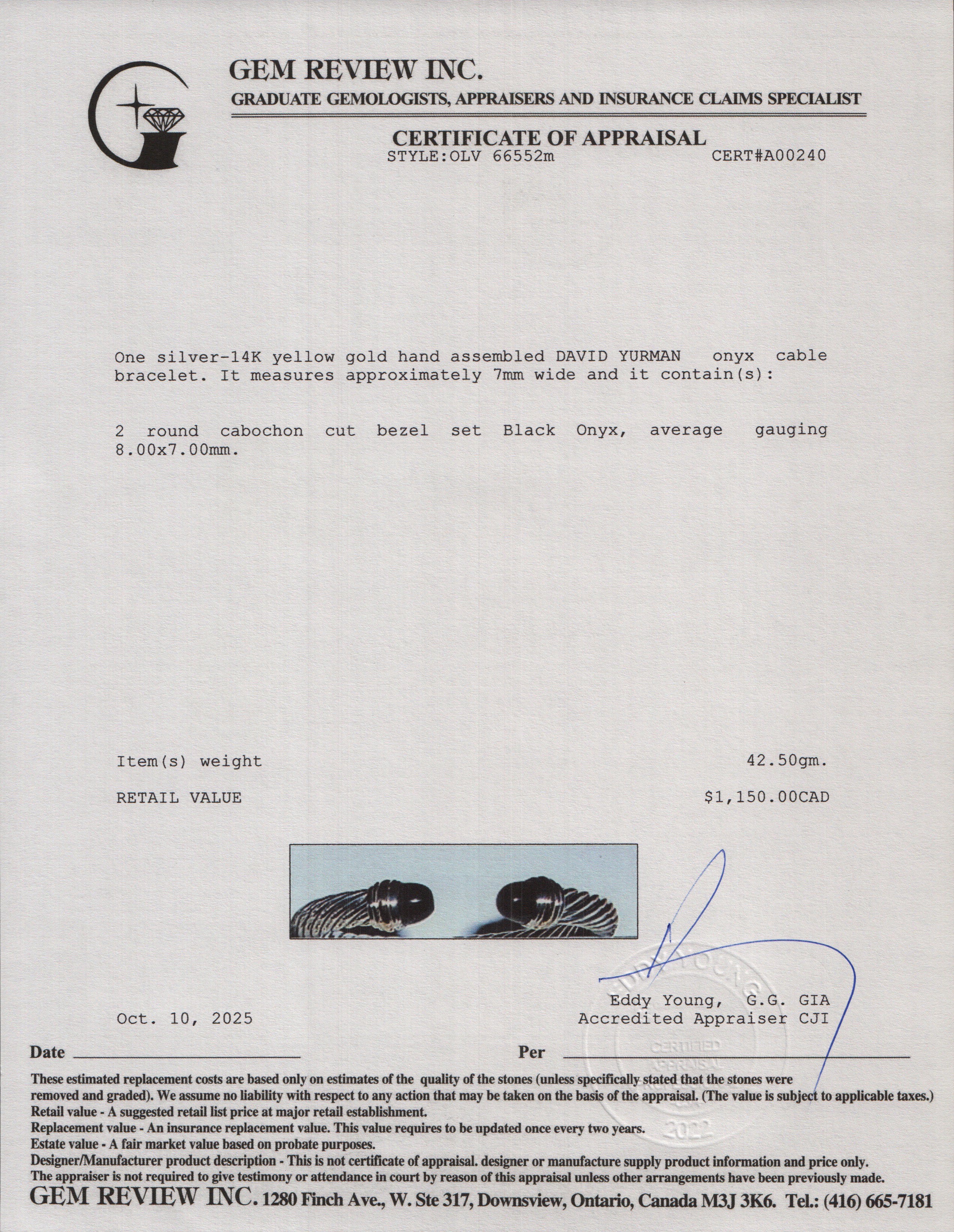 David Yurman Sterling Silver & 14k Yellow Gold Onyx 7 MM Classic Cable Bracelet