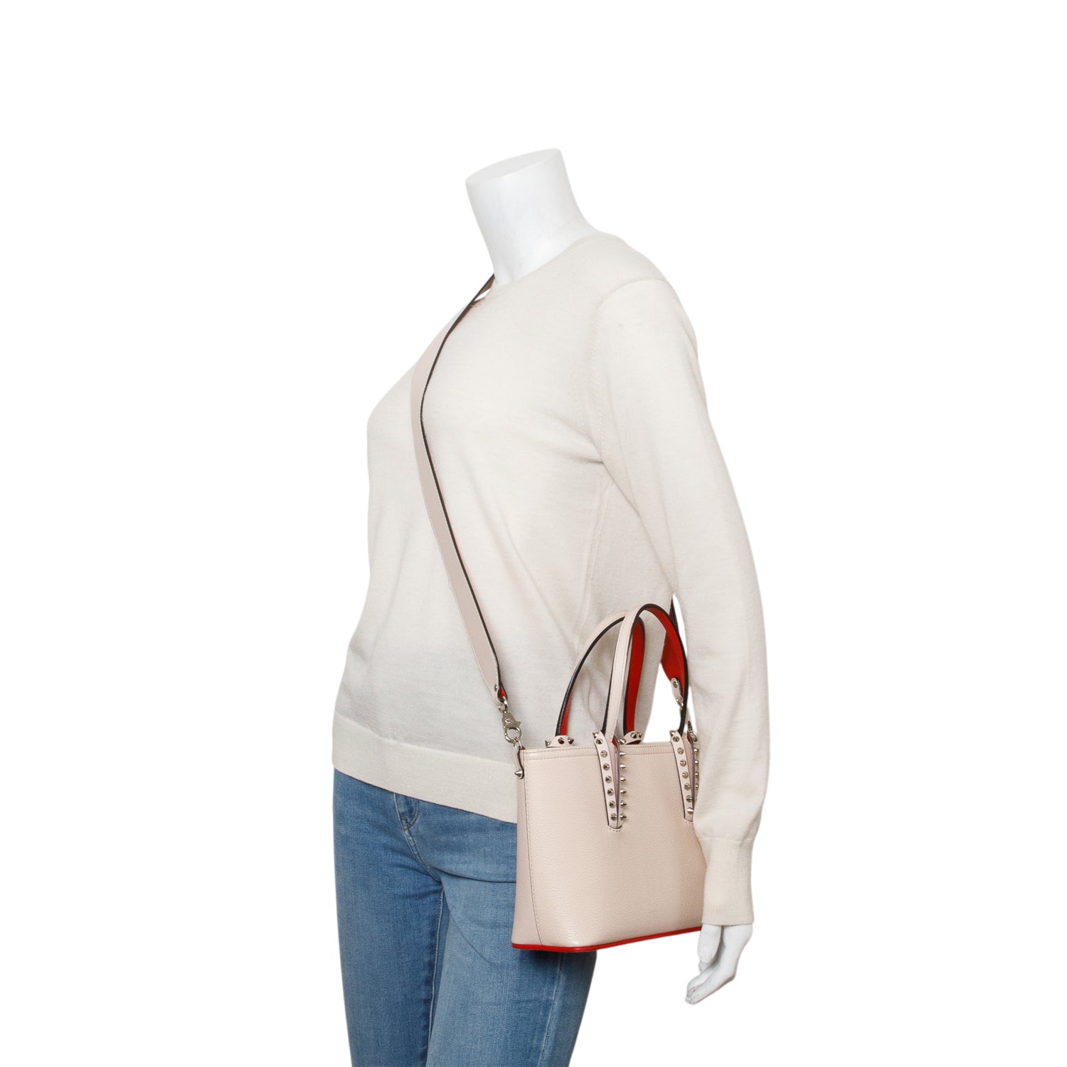 Christian Louboutin 2025 Beige Calfskin Leather Spike Mini Cabata Tote Bag w/ Strap & Receipt