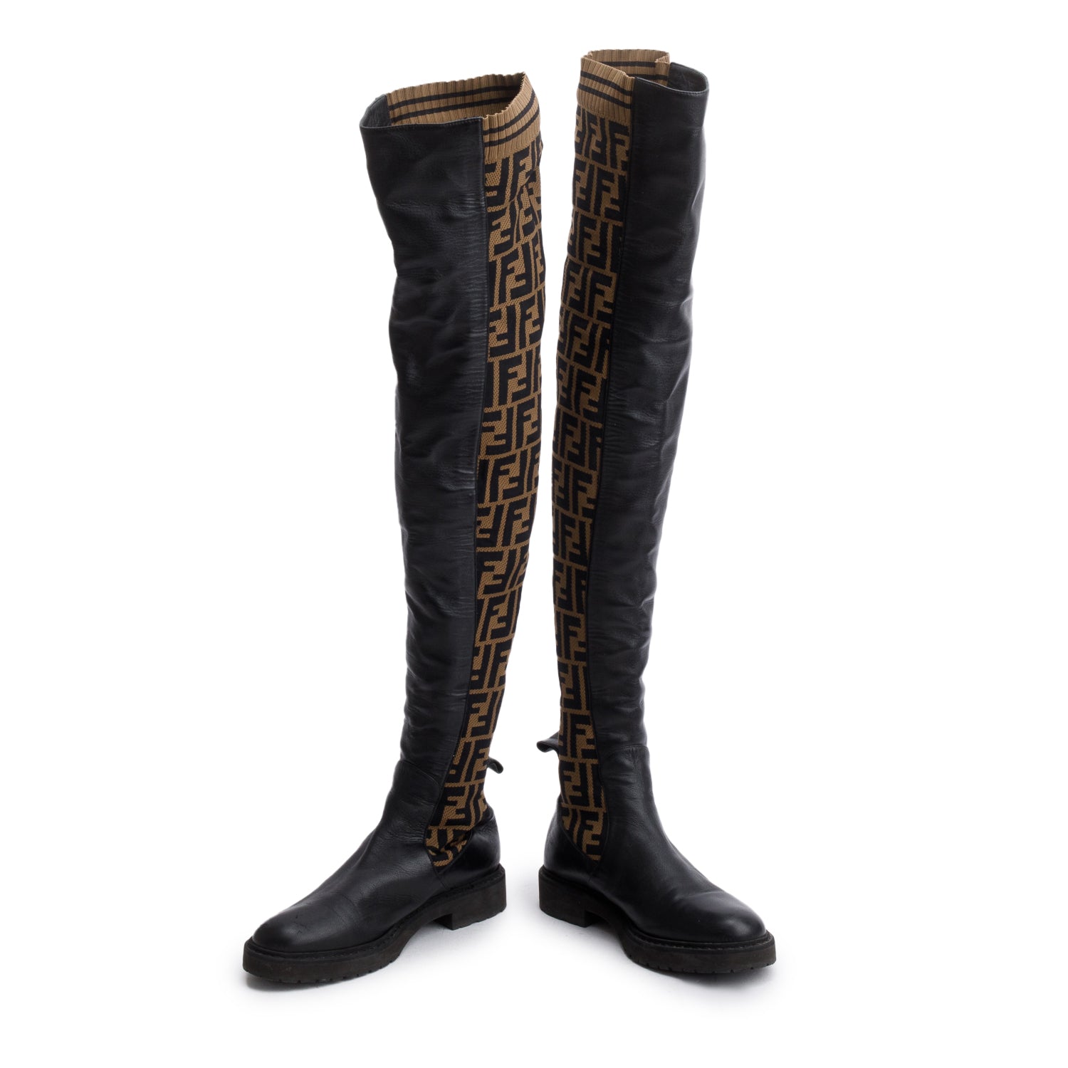 Fendi Brown Leather FF Logo Stretch Knit Over the Knee Rockoko Sock Boots, Size 37