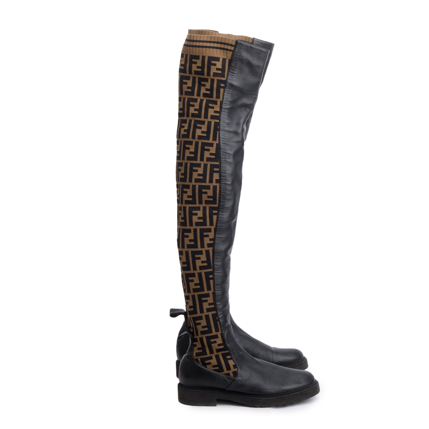 Fendi Brown Leather FF Logo Stretch Knit Over the Knee Rockoko Sock Boots, Size 37