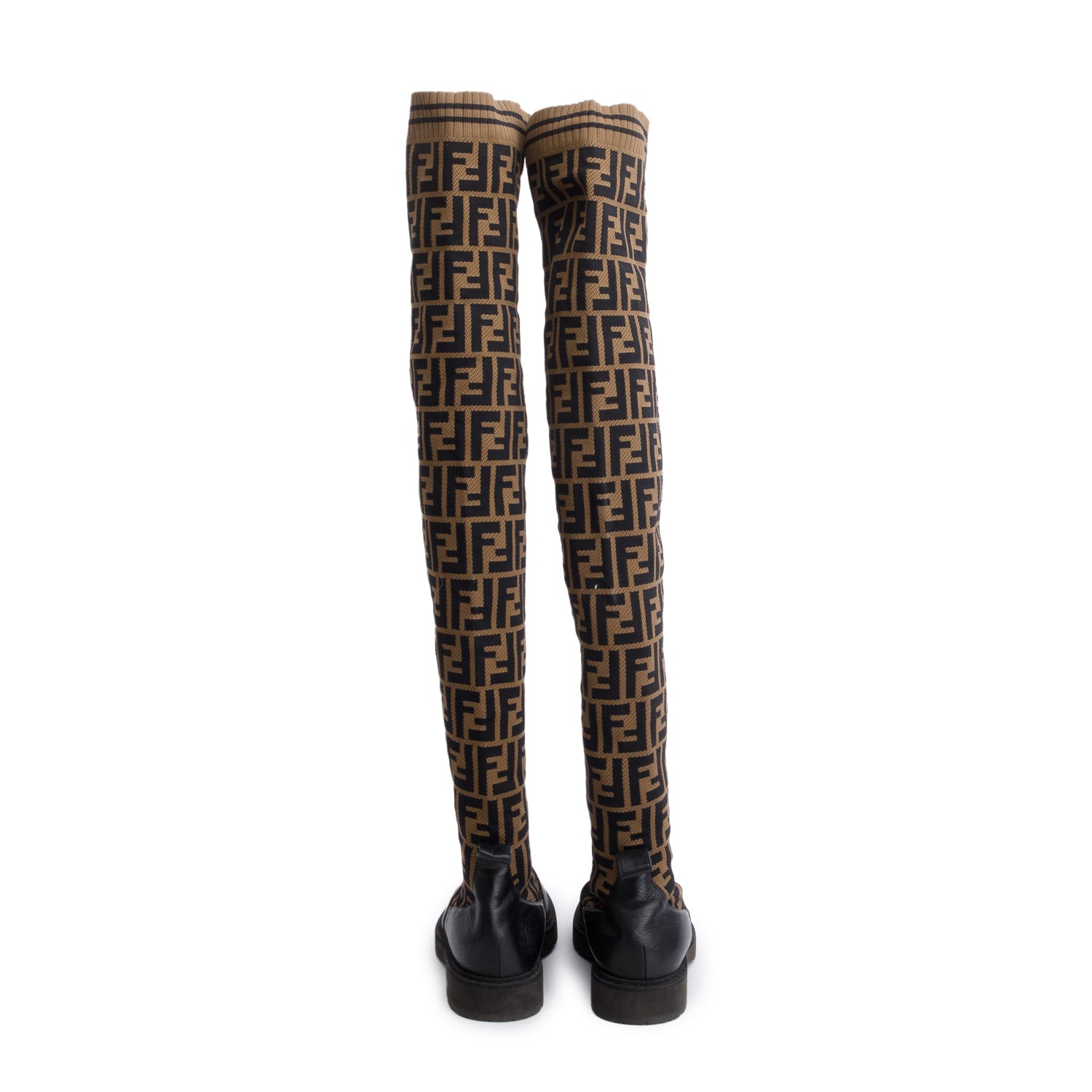 Fendi Brown Leather FF Logo Stretch Knit Over the Knee Rockoko Sock Boots, Size 37