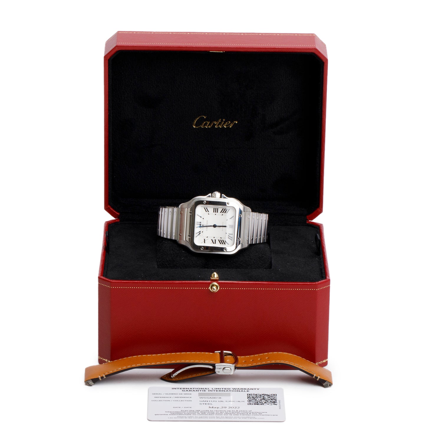Cartier 2022 Stainless Steel Santos de Cartier Automatic Watch, Large Model Silver Dial 4072 w/ Box, Papers & Extra Strap