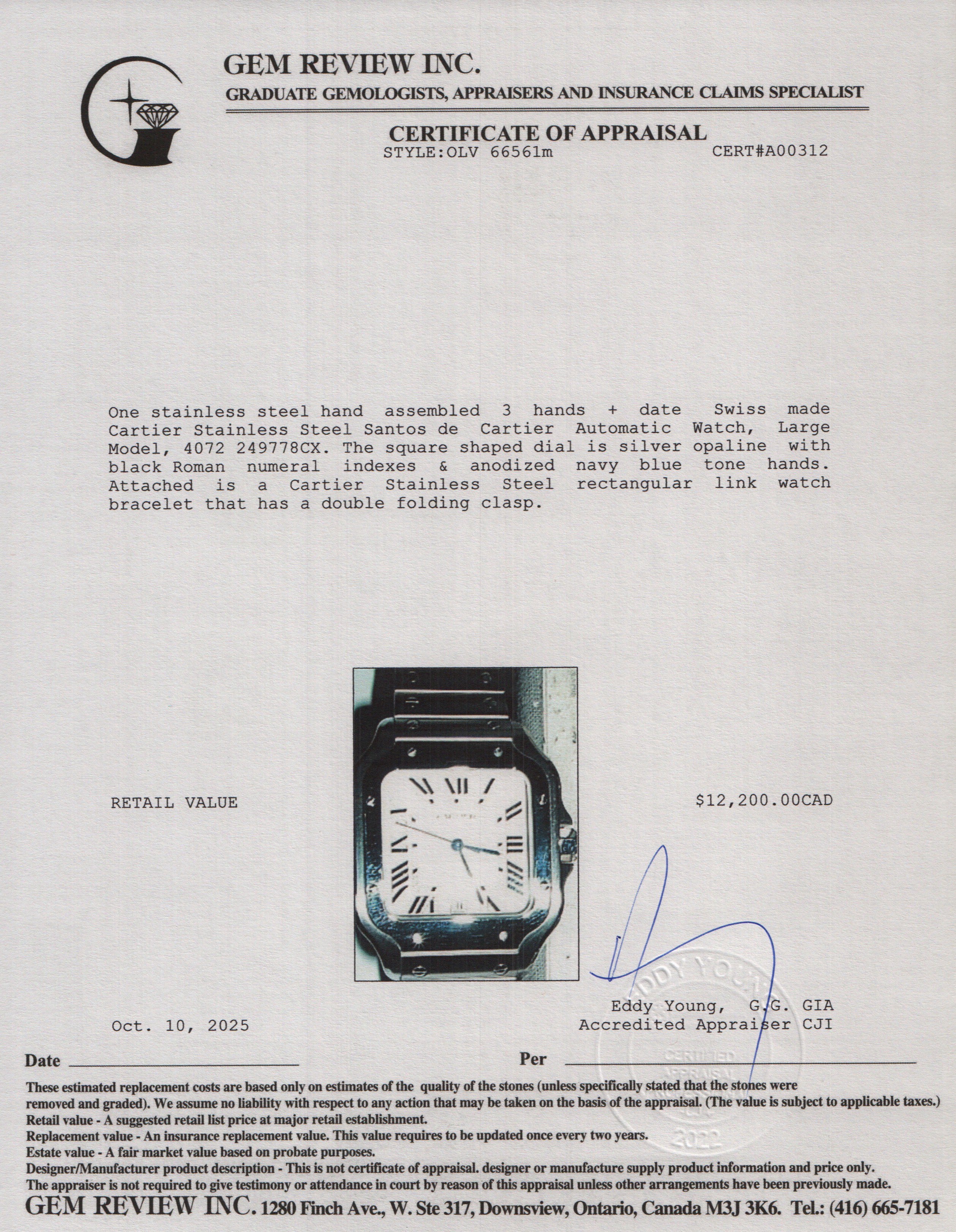 Cartier 2022 Stainless Steel Santos de Cartier Automatic Watch, Large Model Silver Dial 4072 w/ Box, Papers & Extra Strap