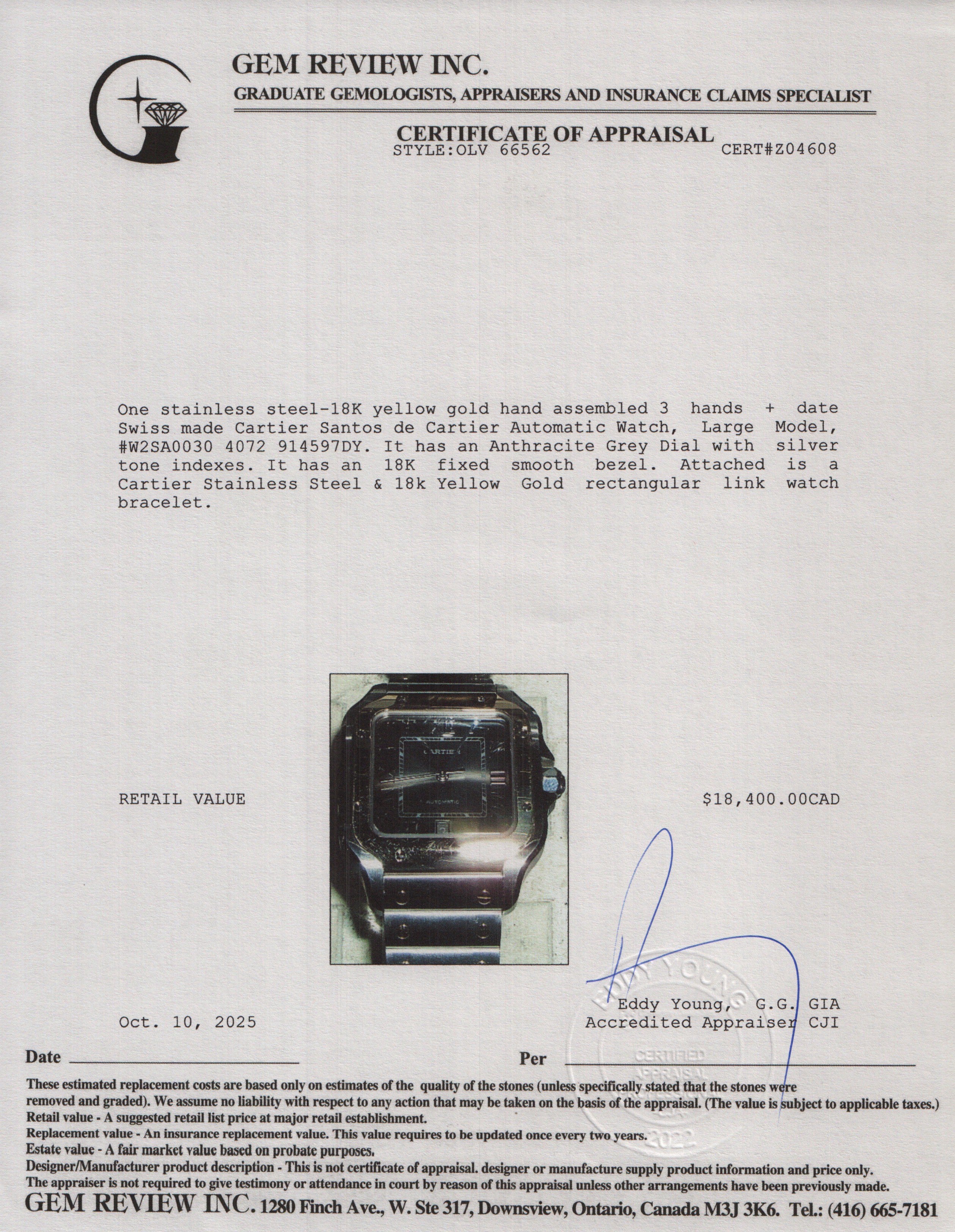 Cartier 2024 Stainless Steel & 18k Yellow Gold Santos de Cartier Automatic Watch, Large Model Anthracite Grey Dial 4072 w/ Box, Papers & Extra Strap