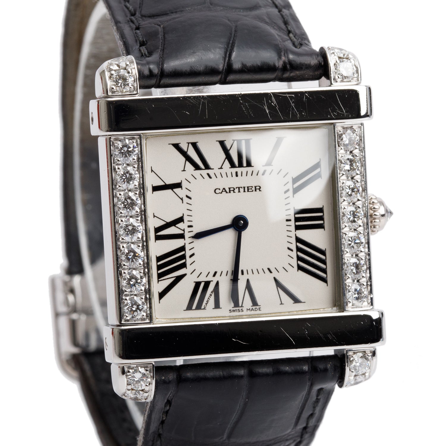Cartier Platinum Diamond Bezel Tank Chinoise Watch, Large Model White Dial 2685 w/ Box