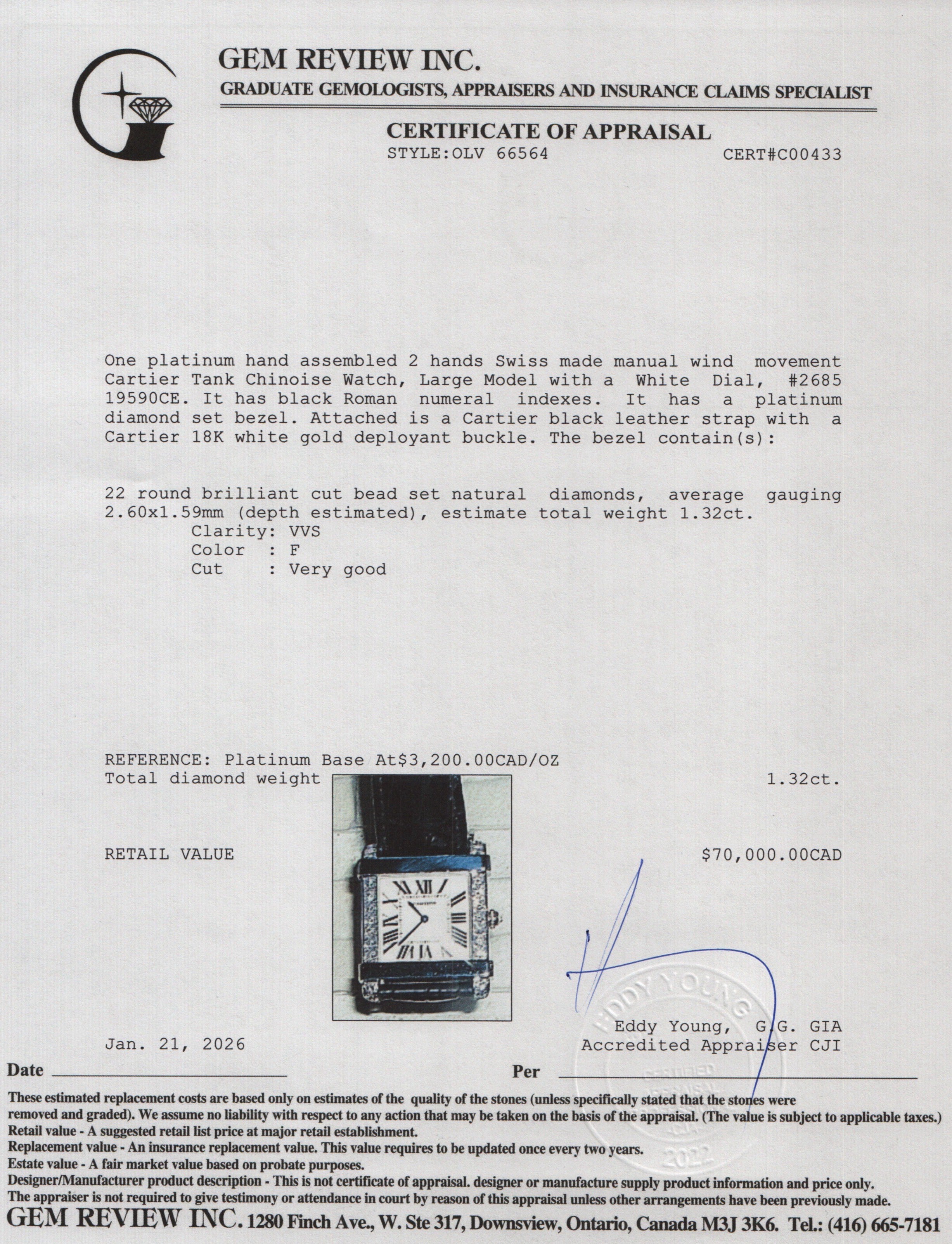 Cartier Platinum Diamond Bezel Tank Chinoise Watch, Large Model White Dial 2685 w/ Box