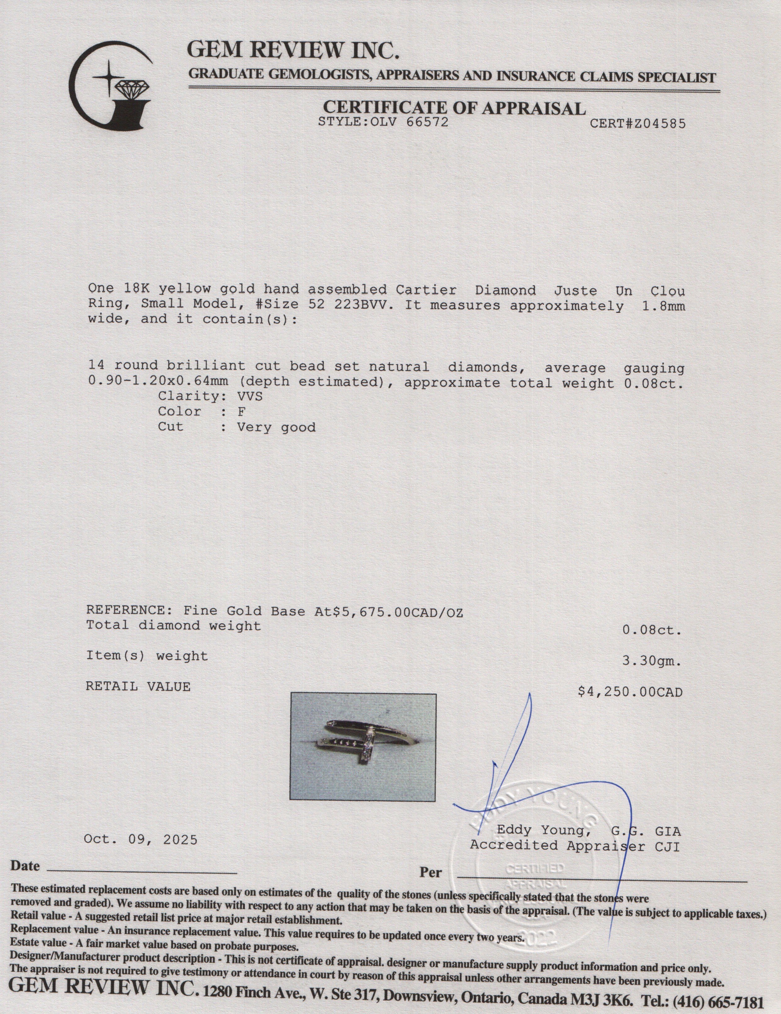 Cartier 2025 18k Yellow Gold Diamond Juste Un Clou Ring, Small Model Size 52 6.25 w/ Box & Certificate