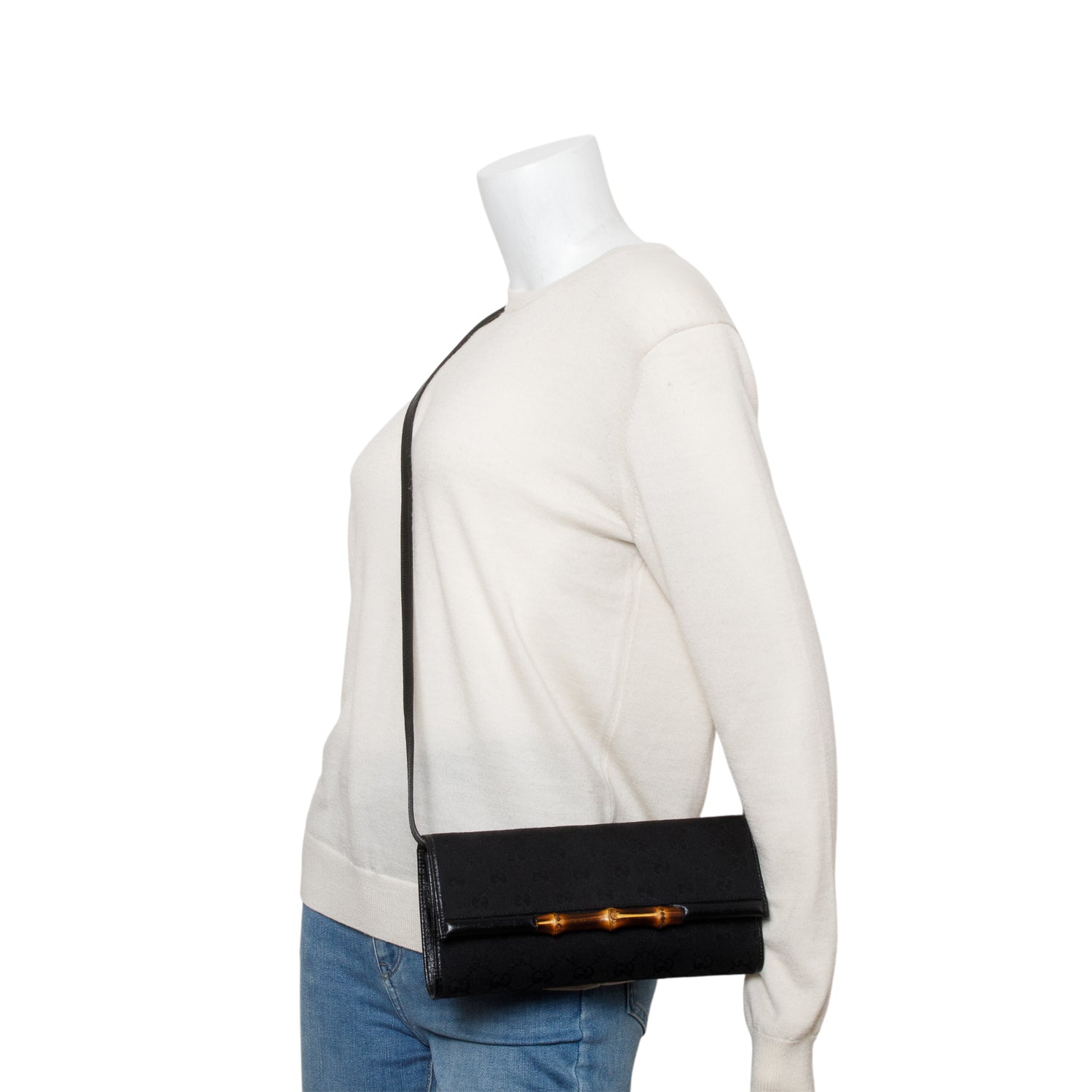 Gucci Black GG Canvas Bamboo Clutch Bag w/ Strap