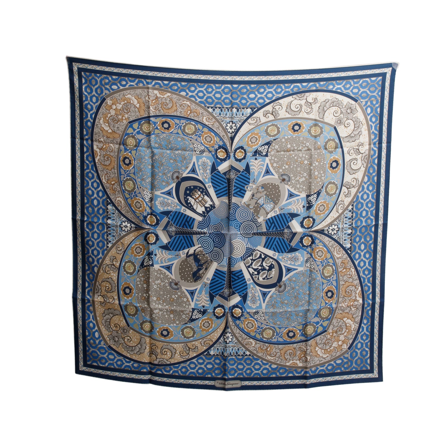 Ferragamo Blue/Multicolore Print Silk Scarf 90 w/ Box