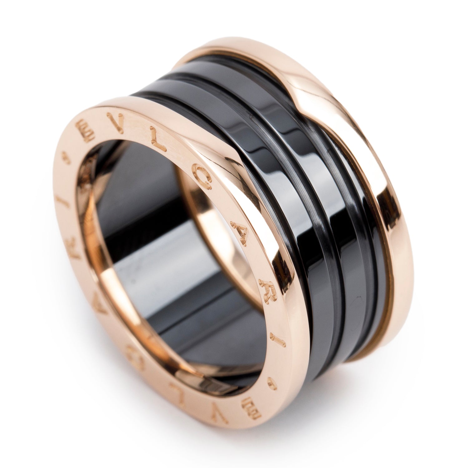 BVLGARI 18k Rose Gold & Black Ceramic B.Zero1 4-Band Ring, Size 63 10 w/ Box
