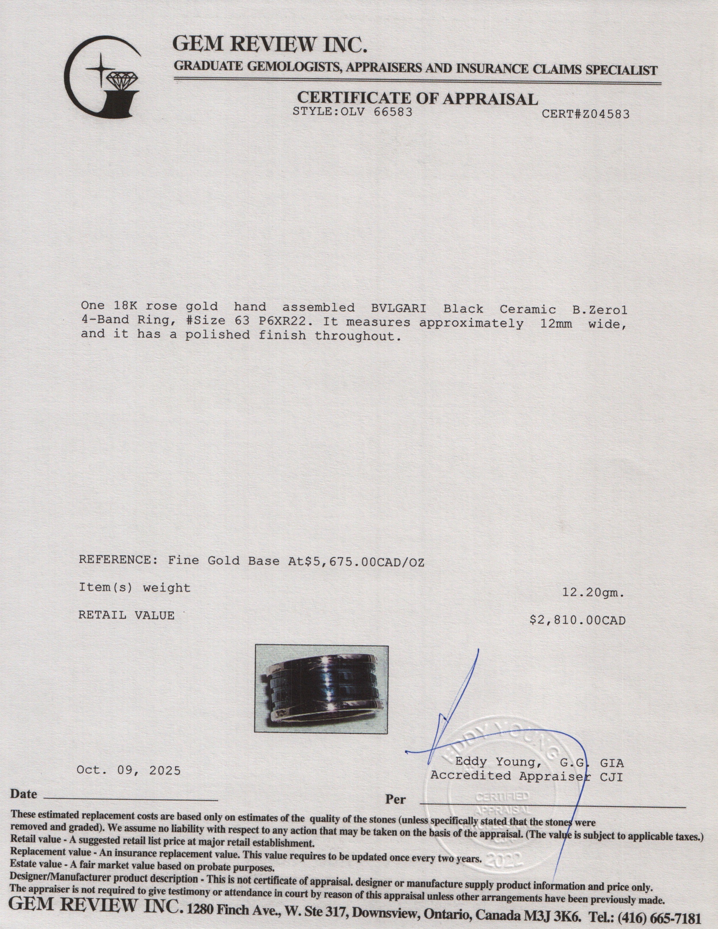 BVLGARI 18k Rose Gold & Black Ceramic B.Zero1 4-Band Ring, Size 63 10 w/ Box