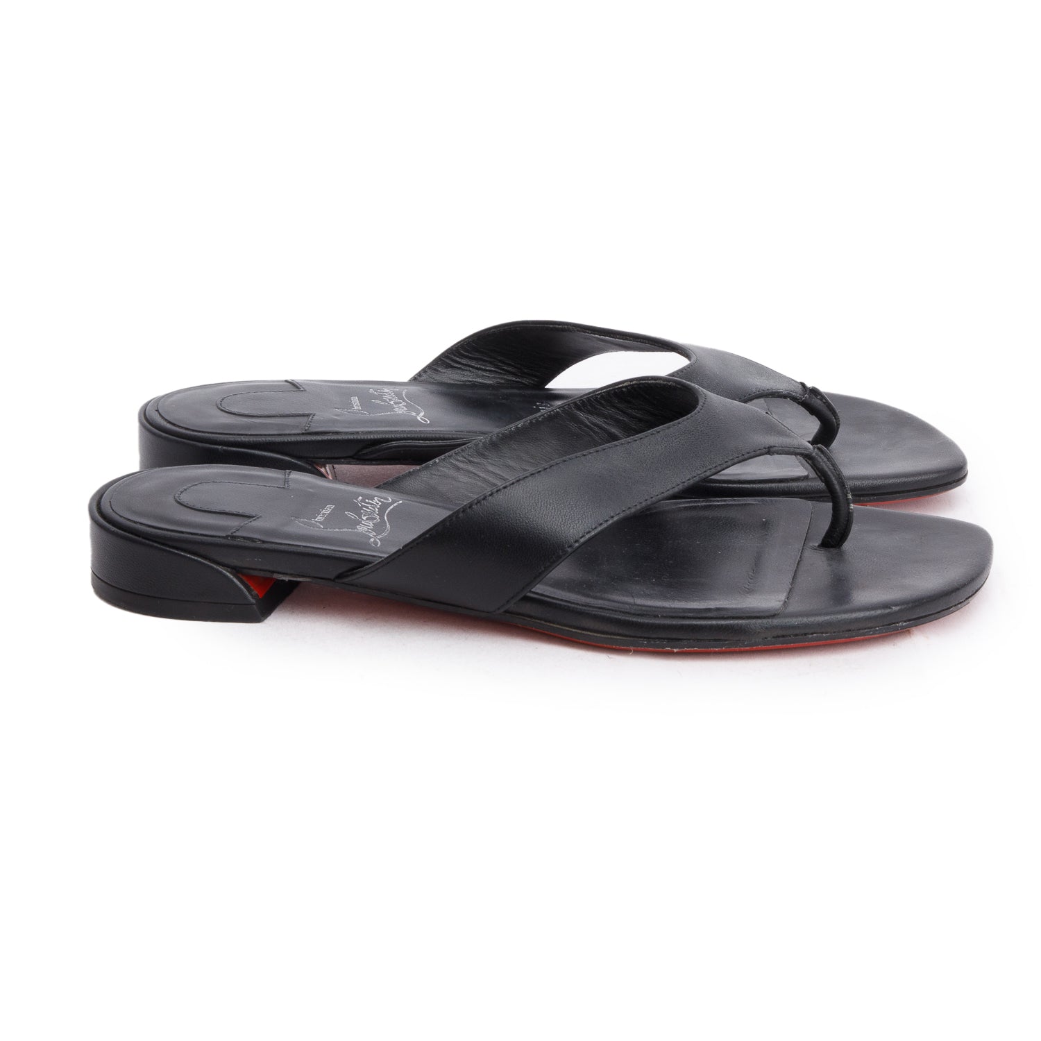 Christian Loboutin Black Leather Sweet Janetonga Thong Sandal, Size 36