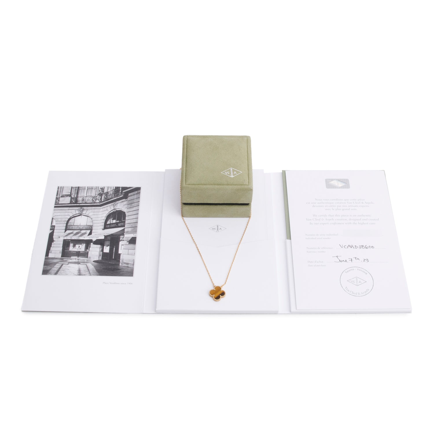Van Cleef & Arpels 2023 18k Yellow Gold Vintage Alhambra Tiger Eye Pendant Necklace w/ Box, Receipt & Certificate