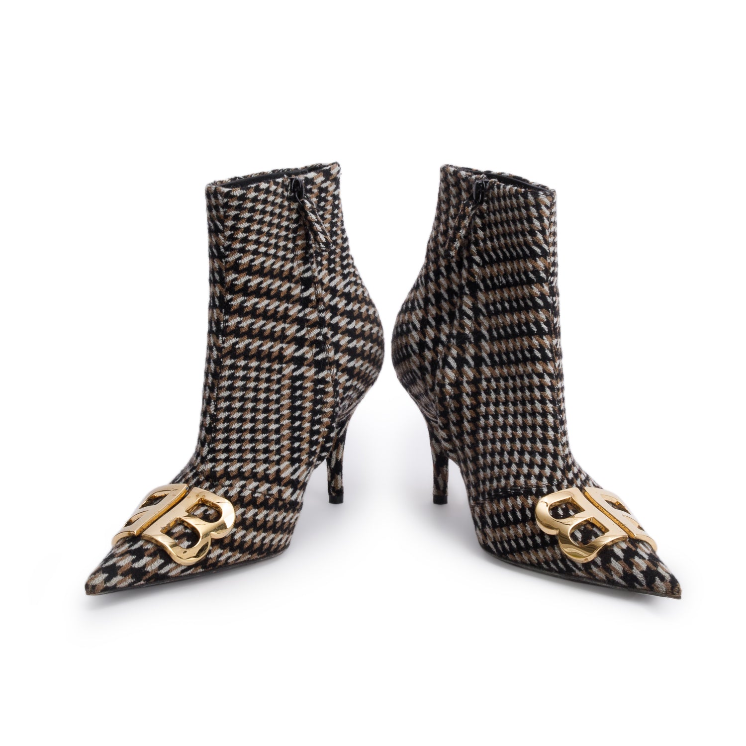 Balenciaga Black/Beige Houndstooth Wool BB Logo Knife Pointy Toe Ankle Boots, Size 37.5 w/ Box