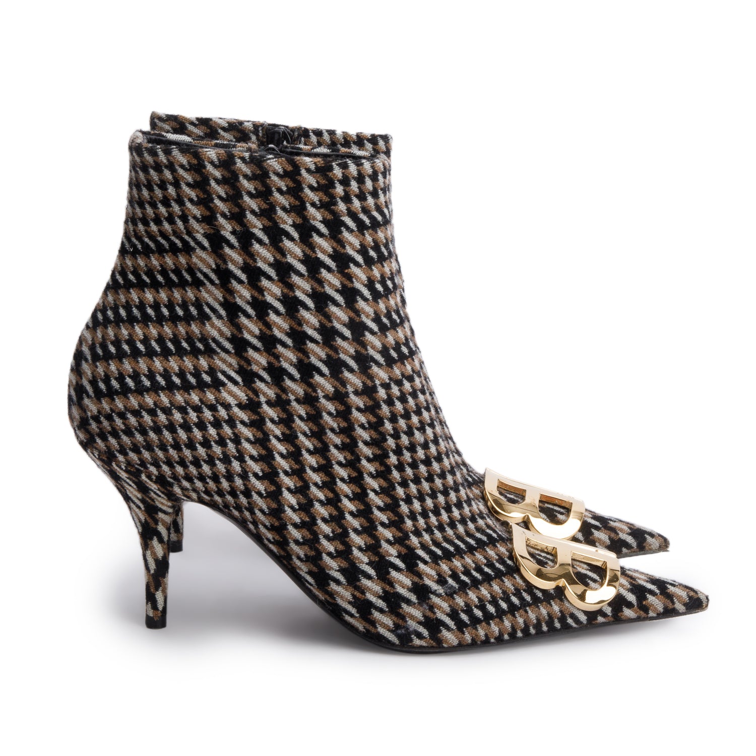 Balenciaga Black/Beige Houndstooth Wool BB Logo Knife Pointy Toe Ankle Boots, Size 37.5 w/ Box