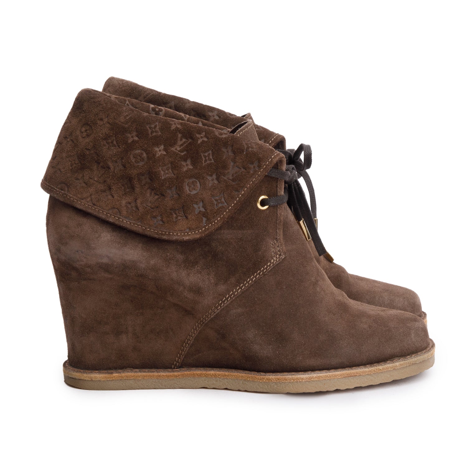 Louis Vuitton Brown Suede Monogram Lace Up Boots, Size 41