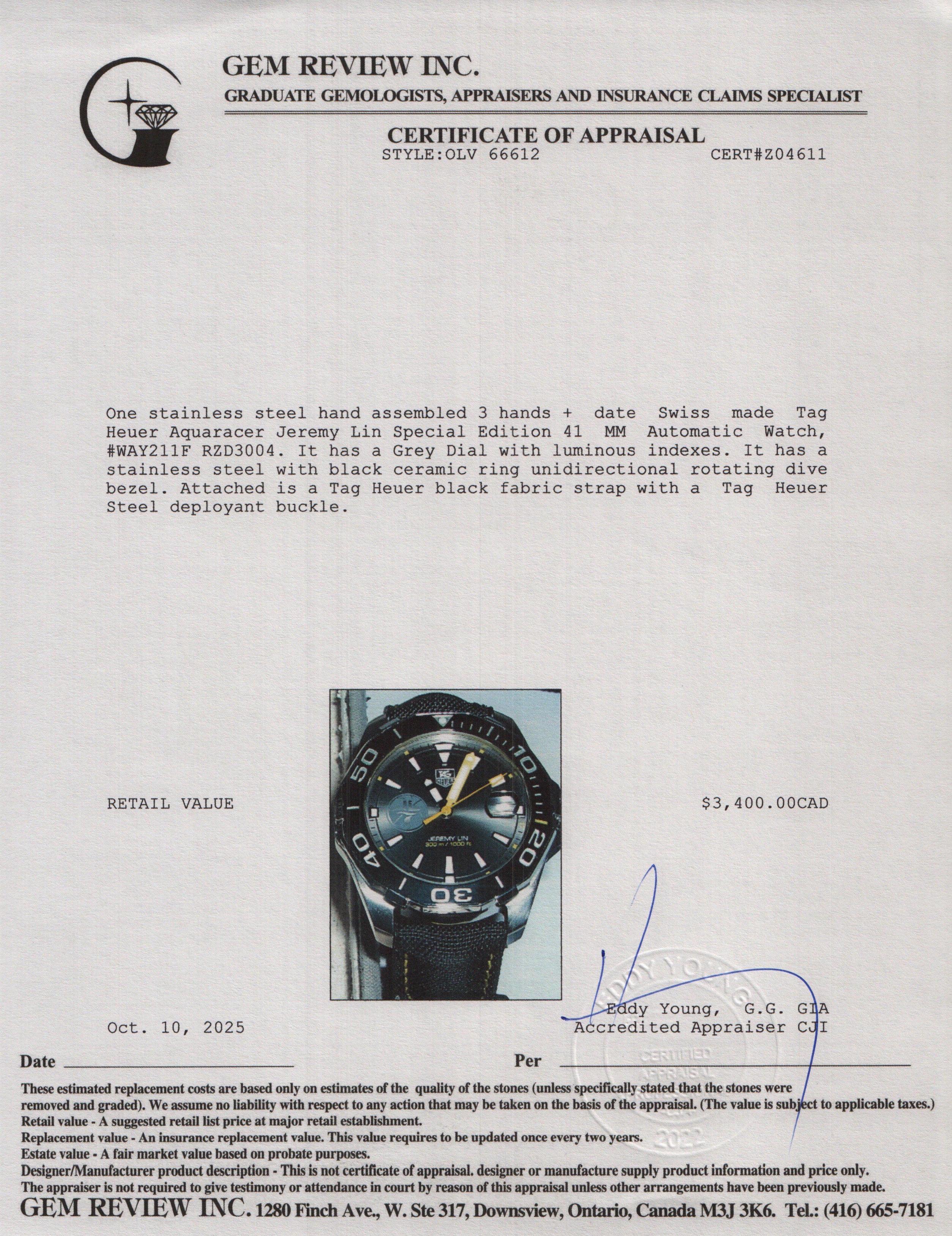 Tag Heuer Stainless Steel Aquaracer Jeremy Lin Special Edition 41 MM Automatic Watch Grey Dial WAY211F w/ Box & Papers