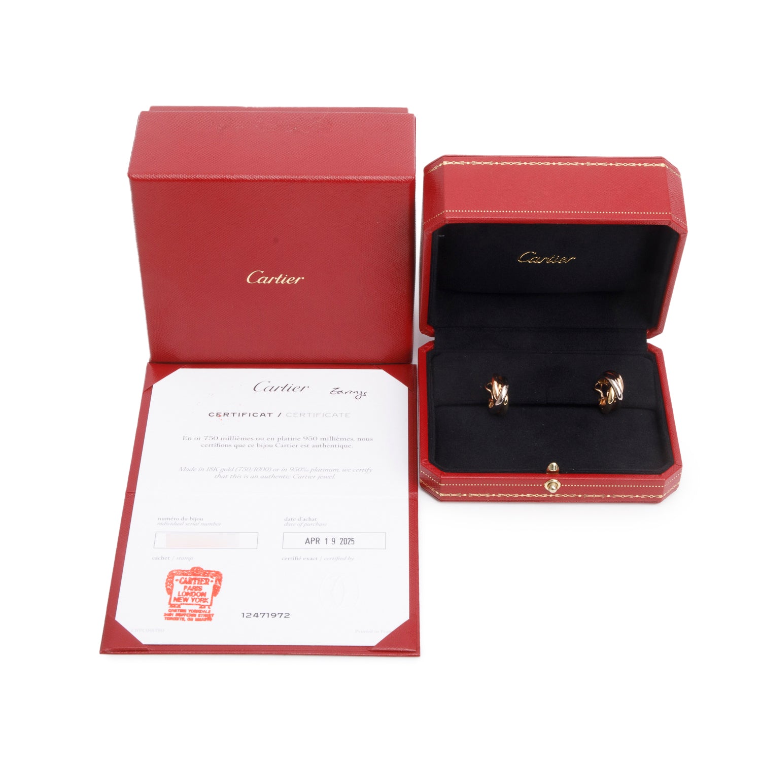 Cartier 2025 18k Yellow, White & Rose Gold Trinity Hoop Earrings, Classic Model w/ Box, Receipt & Certificate