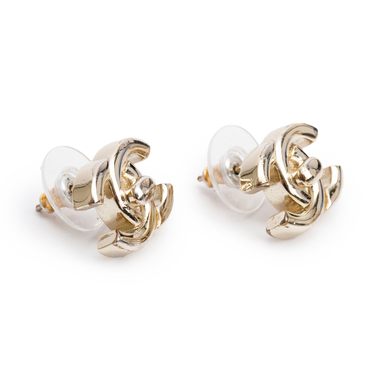 Chanel 2022 Gold-Plated Turn Lock CC Stud Earrings w/ Box