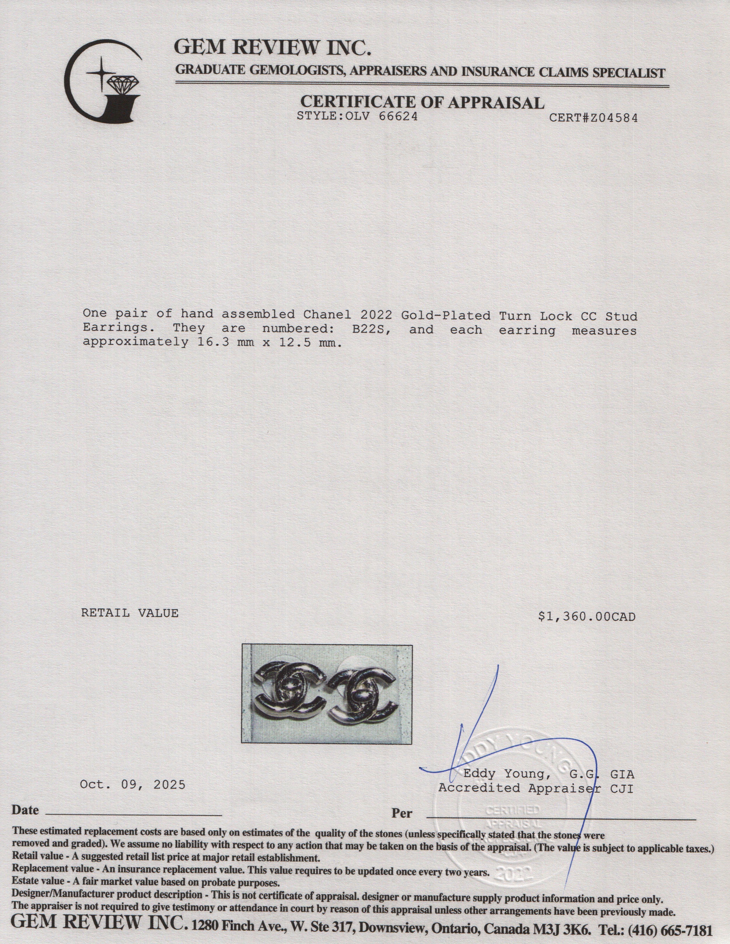 Chanel 2022 Gold-Plated Turn Lock CC Stud Earrings w/ Box