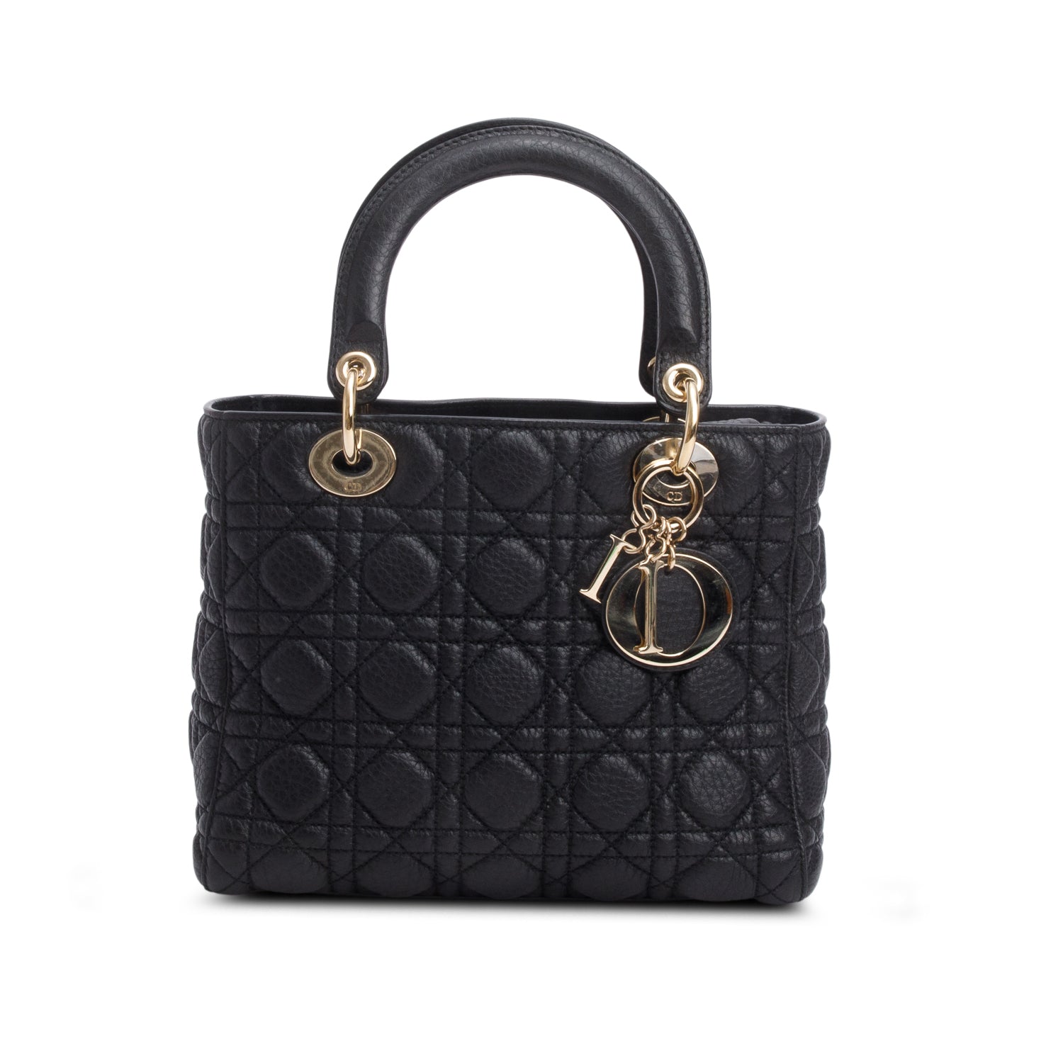 Christian Dior Black Grained Calfskin Cannage Medium Lady Dior w/ Box