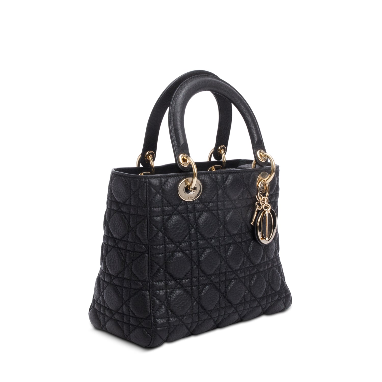 Christian Dior Black Grained Calfskin Cannage Medium Lady Dior w/ Box