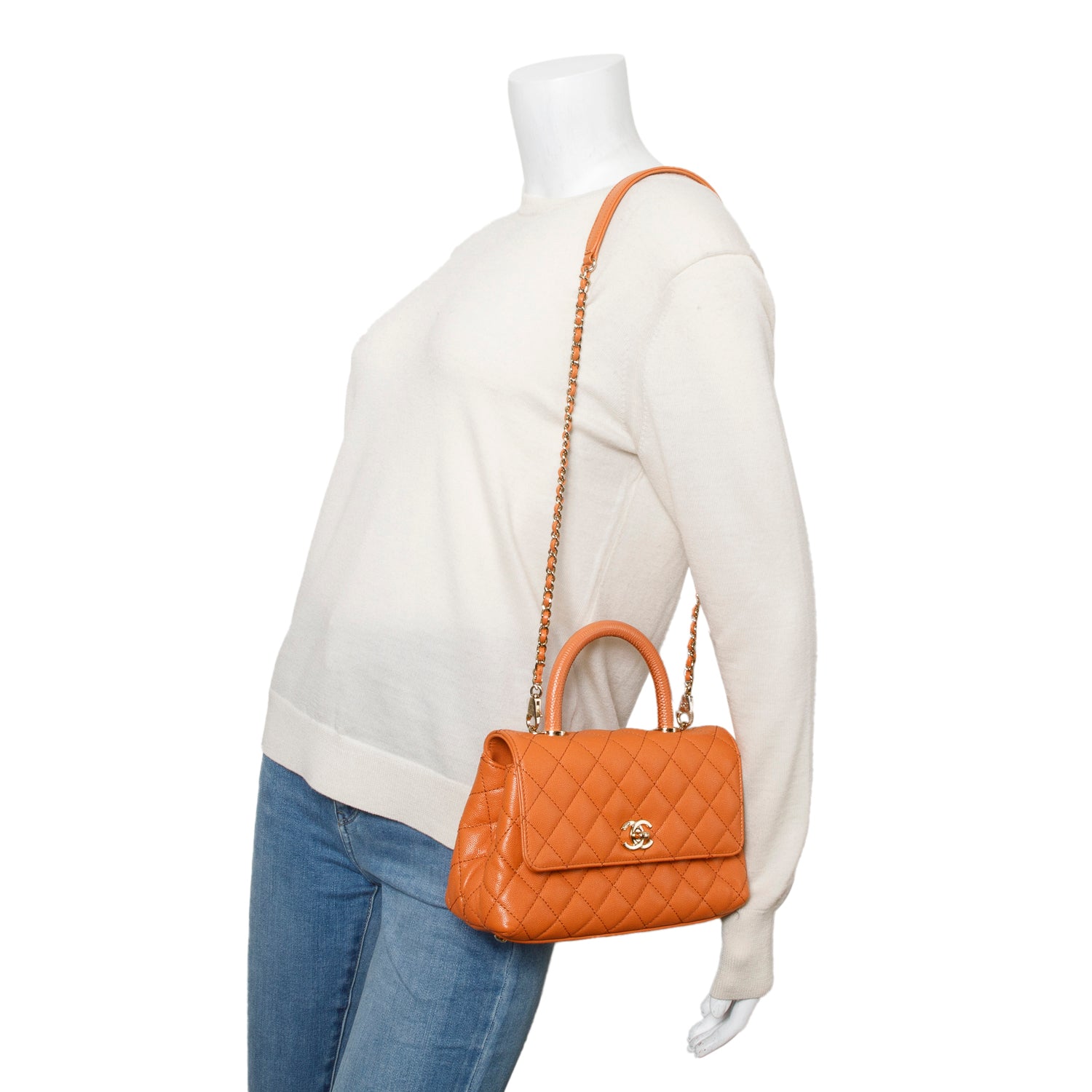 Chanel Orange Caviar Quilted Mini Coco Handle Flap w/ Strap