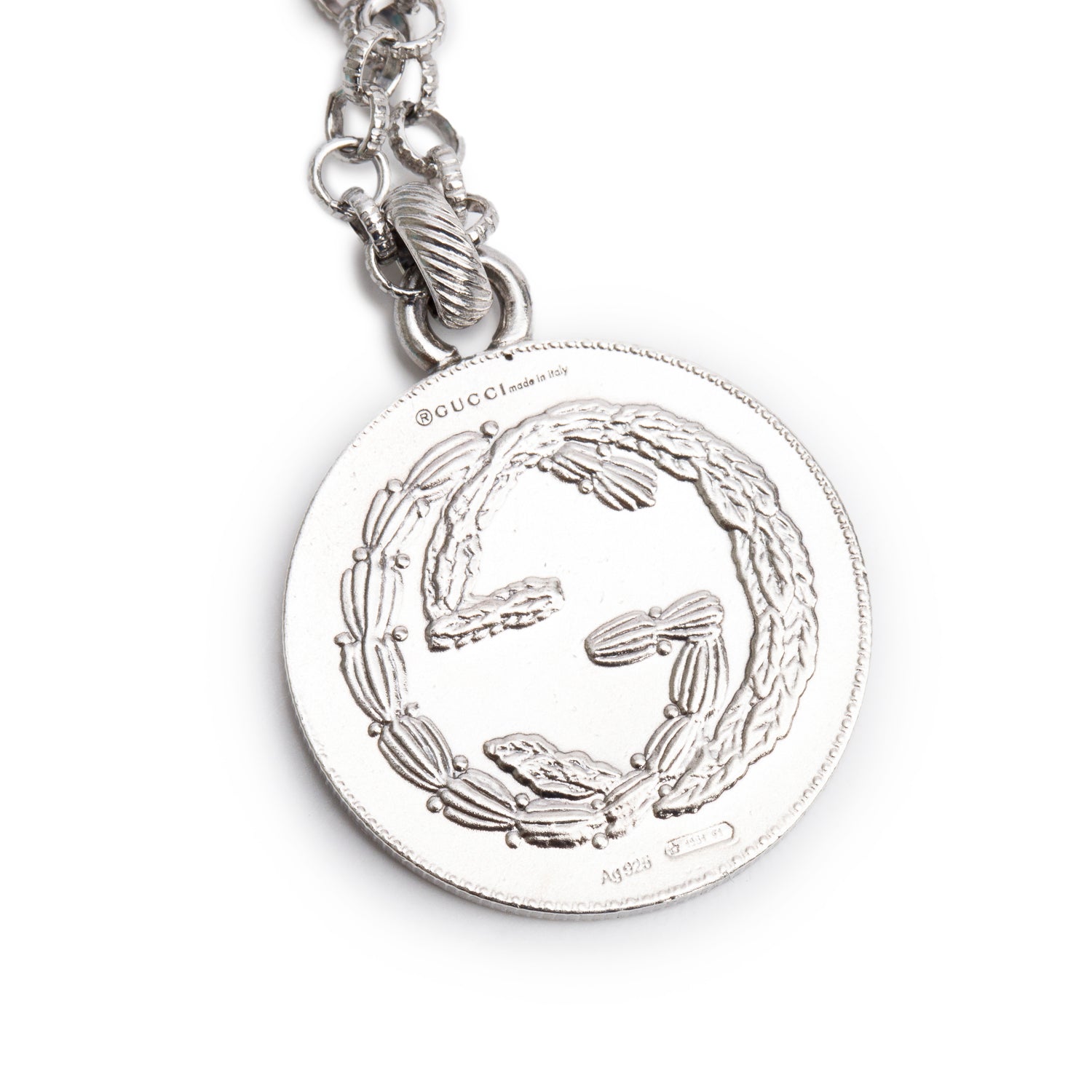 Gucci Sterling Silver Bee GG Coin Pendant Necklace