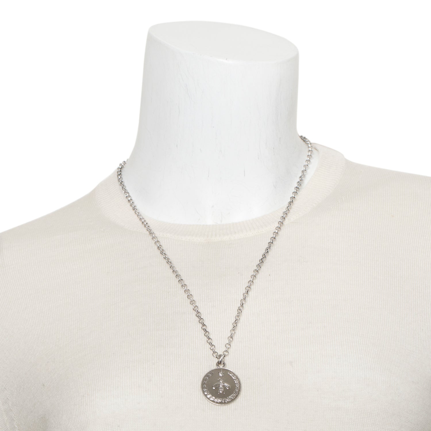Gucci Sterling Silver Bee GG Coin Pendant Necklace