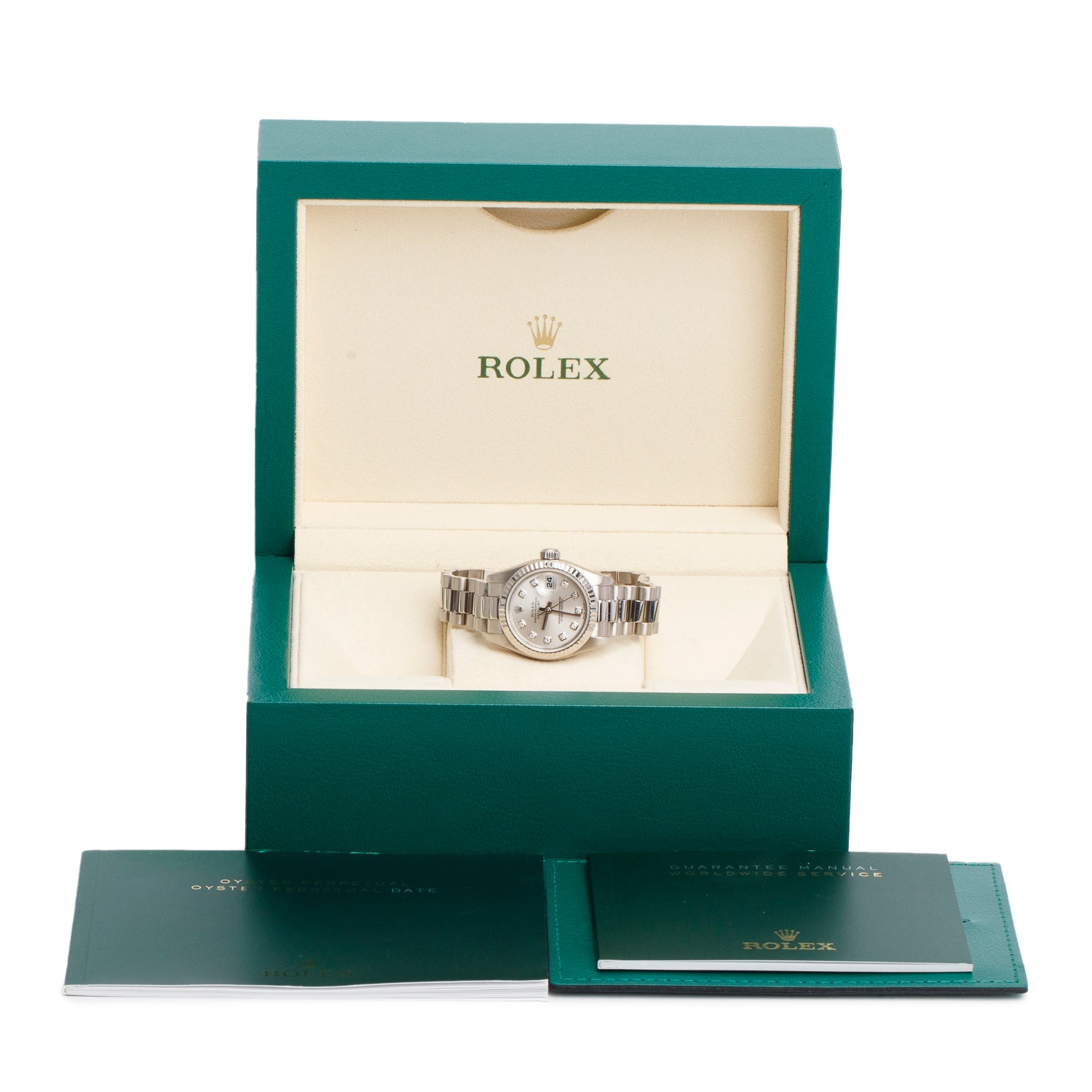 Rolex 18k White Gold Lady-Datejust President 26 MM Automatic Watch Silver Diamond Dial 179179 w/ Box