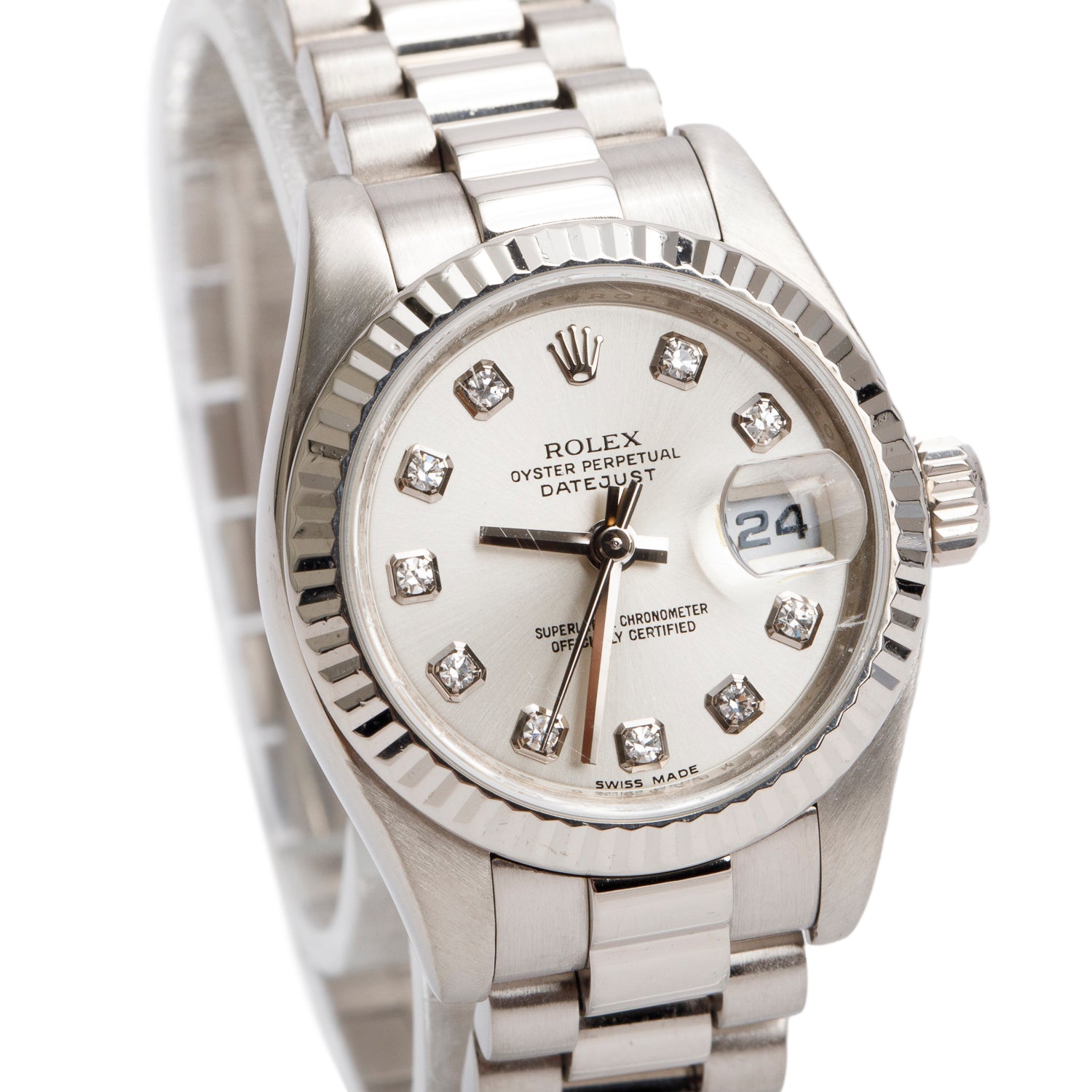 Rolex 18k White Gold Lady-Datejust President 26 MM Automatic Watch Silver Diamond Dial 179179 w/ Box