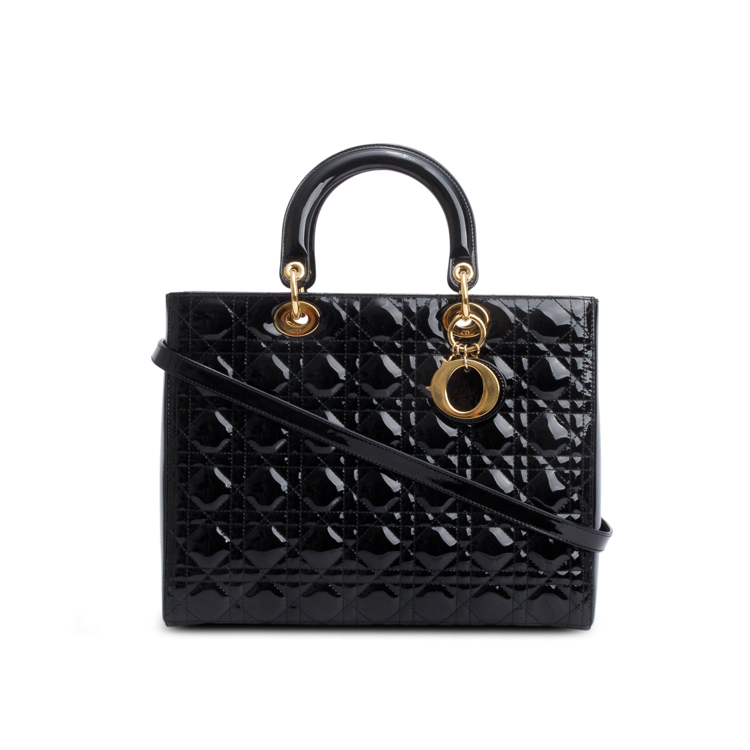 Christian Dior Black Cannage Patent Leather Large Lady Dior w/ Strap