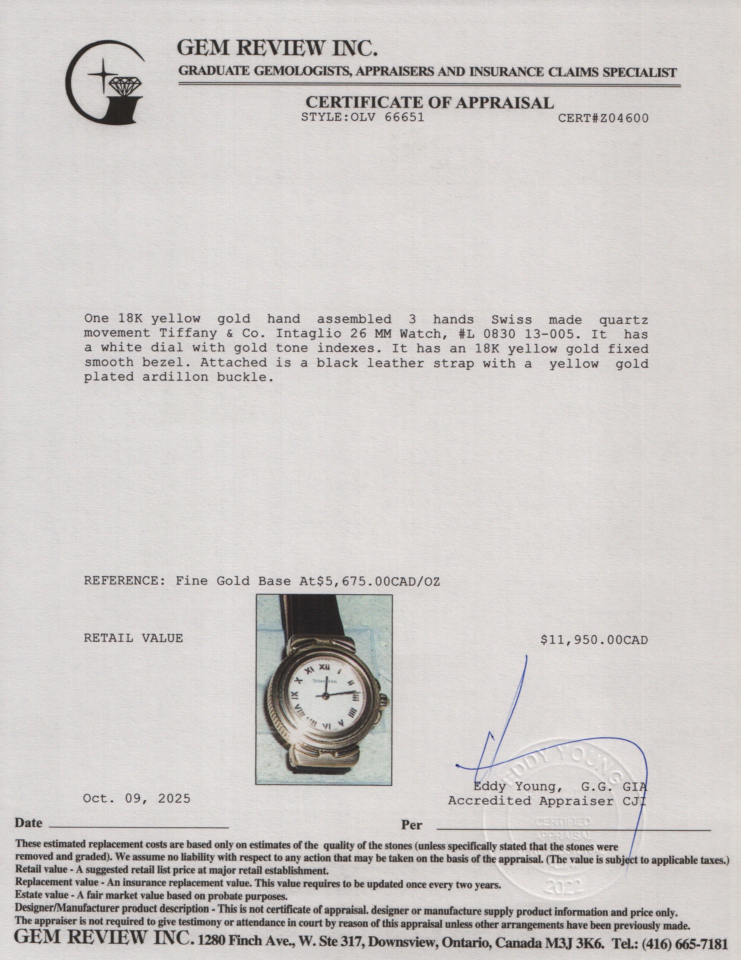 Tiffany & Co. 18k Yellow Gold Intaglio 26 MM Watch