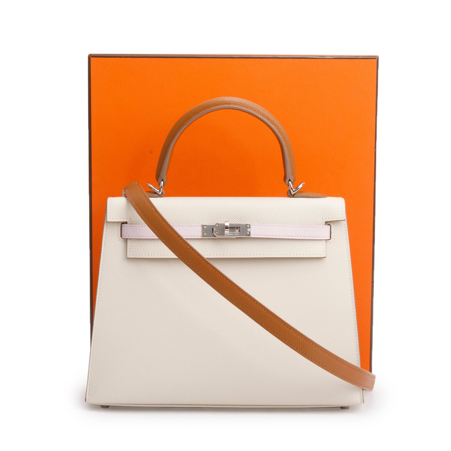 Hermes 2023 Craie/Mauve Pale/Gold Veau Epsom Kelly II Sellier 25 w/ Box & Strap