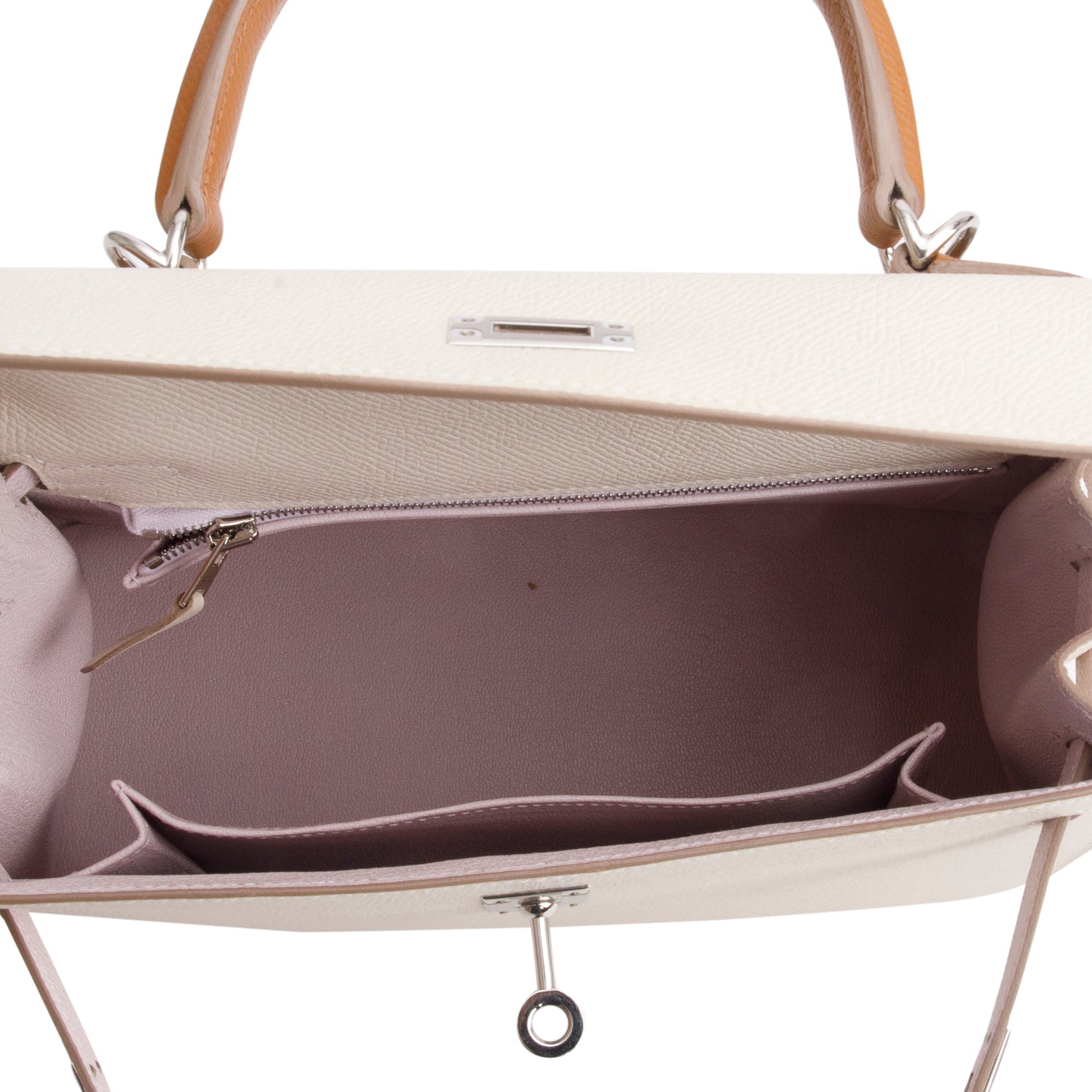 Hermes 2023 Craie/Mauve Pale/Gold Veau Epsom Kelly II Sellier 25 w/ Box & Strap