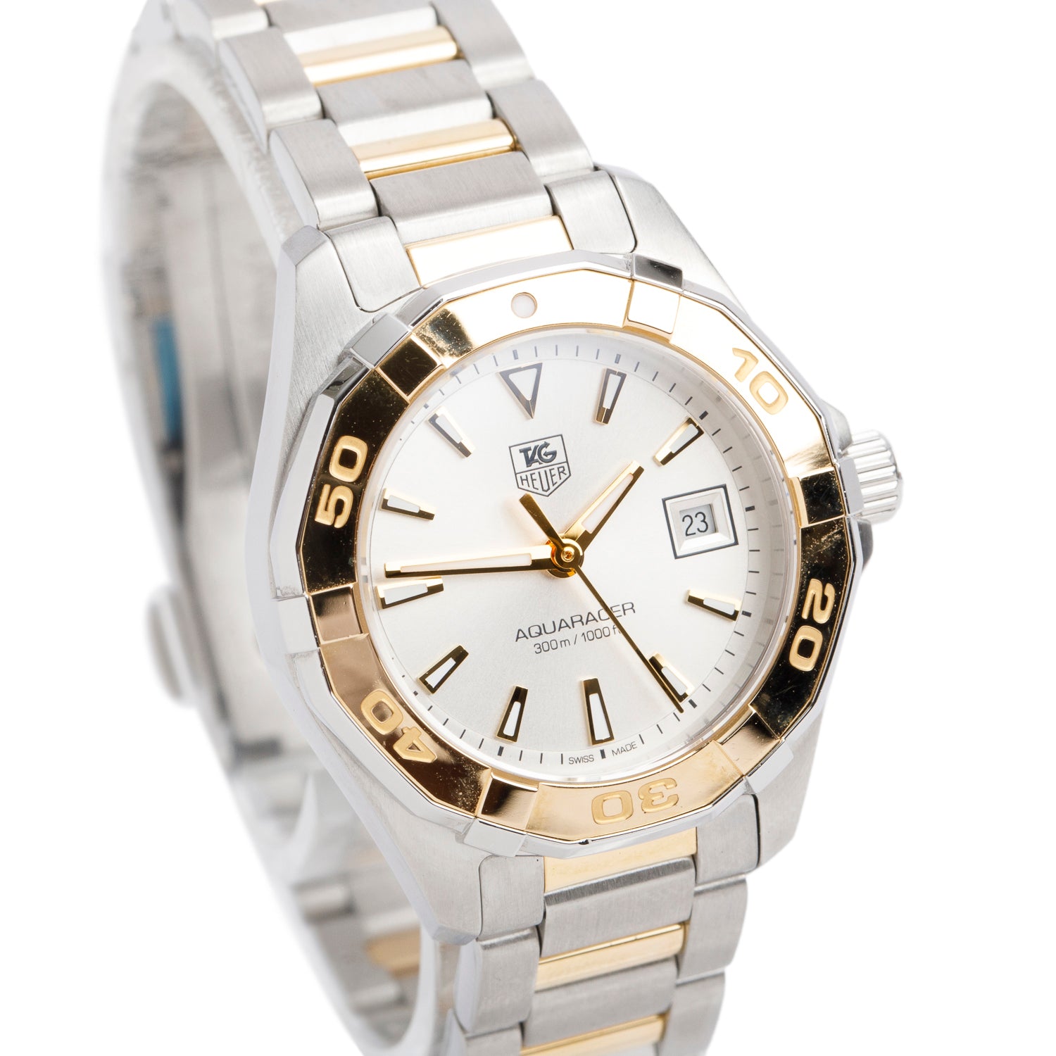 Tag Heuer Stainless Steel & 18k Yellow Gold Aquaracer 27 MM Quartz Watch Silver Dial WAY1455 w/ Box & Papers